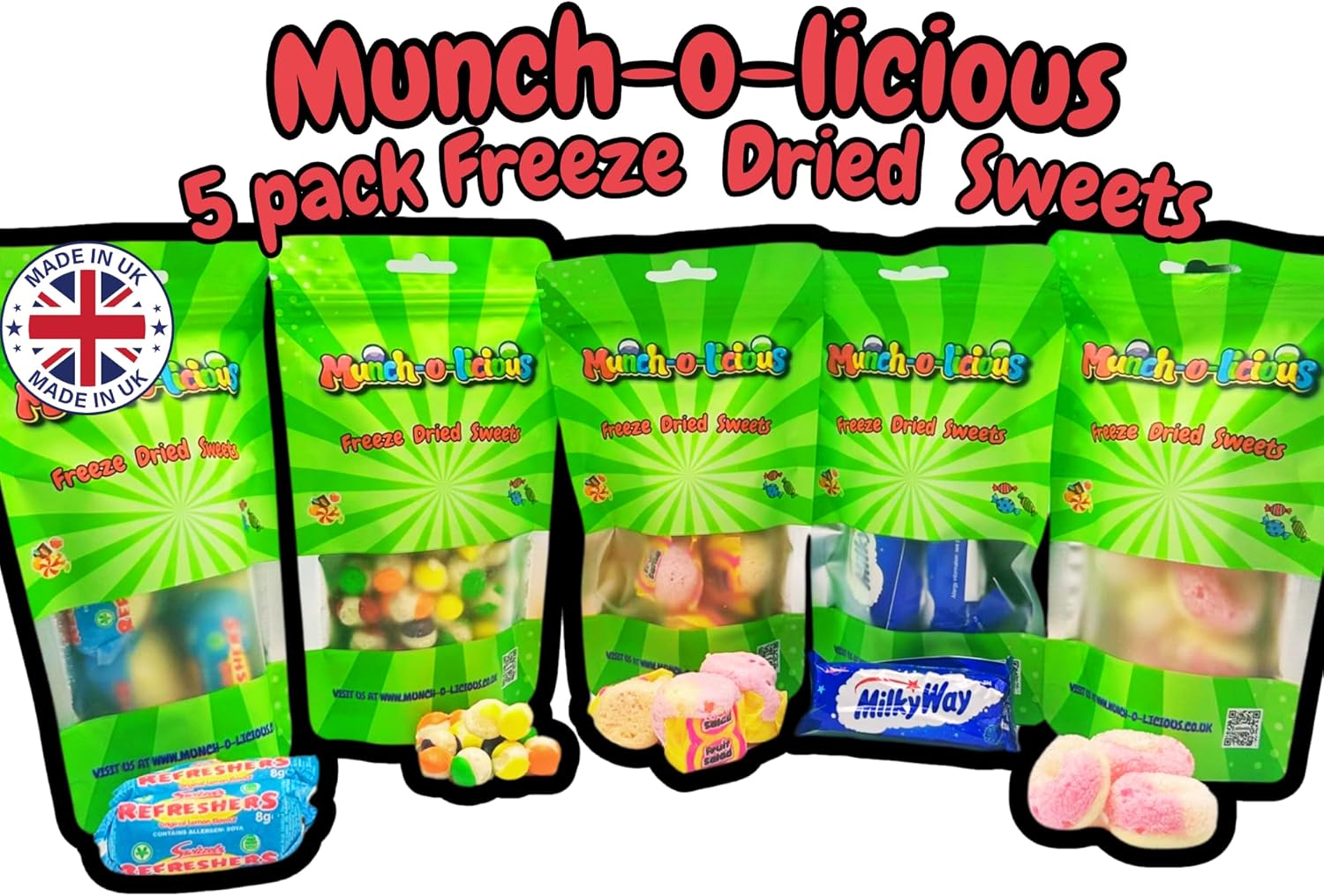 Munch-o-licious Freeze Dried Sweets - 5 Pack Favourite Selection: Mix Fruit, Lemon Refresher, Chocolate, Peach Rings, Fruit Salad - Delicious Freeze Dried Candy Treat - Perfect for UK Sweet Lovers