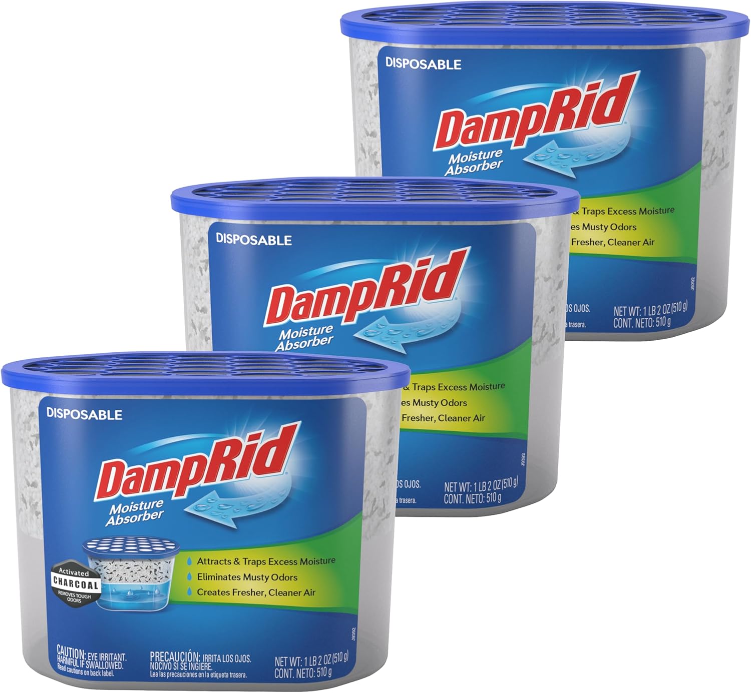 DampRid Fragrance Free Disposable Moisture Absorber with Activated Charcoal, 18 oz., 3 Pack, Moisture Absorber & Odor Remover, Lasts Up To 60 Days, No Electricity Required