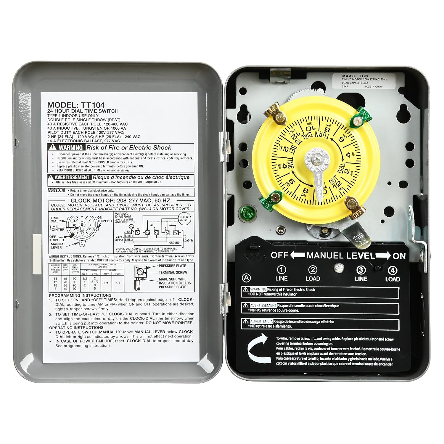 T104 Mechanical Timer Switch,208-277V AC DPST 40A,Pool Pump Switch,Heavy Duty Pool Timers Outdoor,Timer for Lights HVAC Systems,24 Hour 12 ON/Off for Pump, 6 Years Warranty