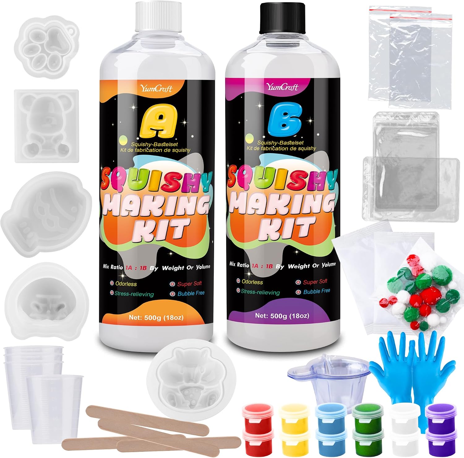 Liquid Silicone for Taba Squishy Kit 1000g, 1:1 AB Super Soft Silicone, Bubble-Free Fast Cure, DIY Squishy Making Kit with 5 Moulds (Cat Paw, 2Hamster, Bear, Taiyaki), Stress Relief Gift for Beginners