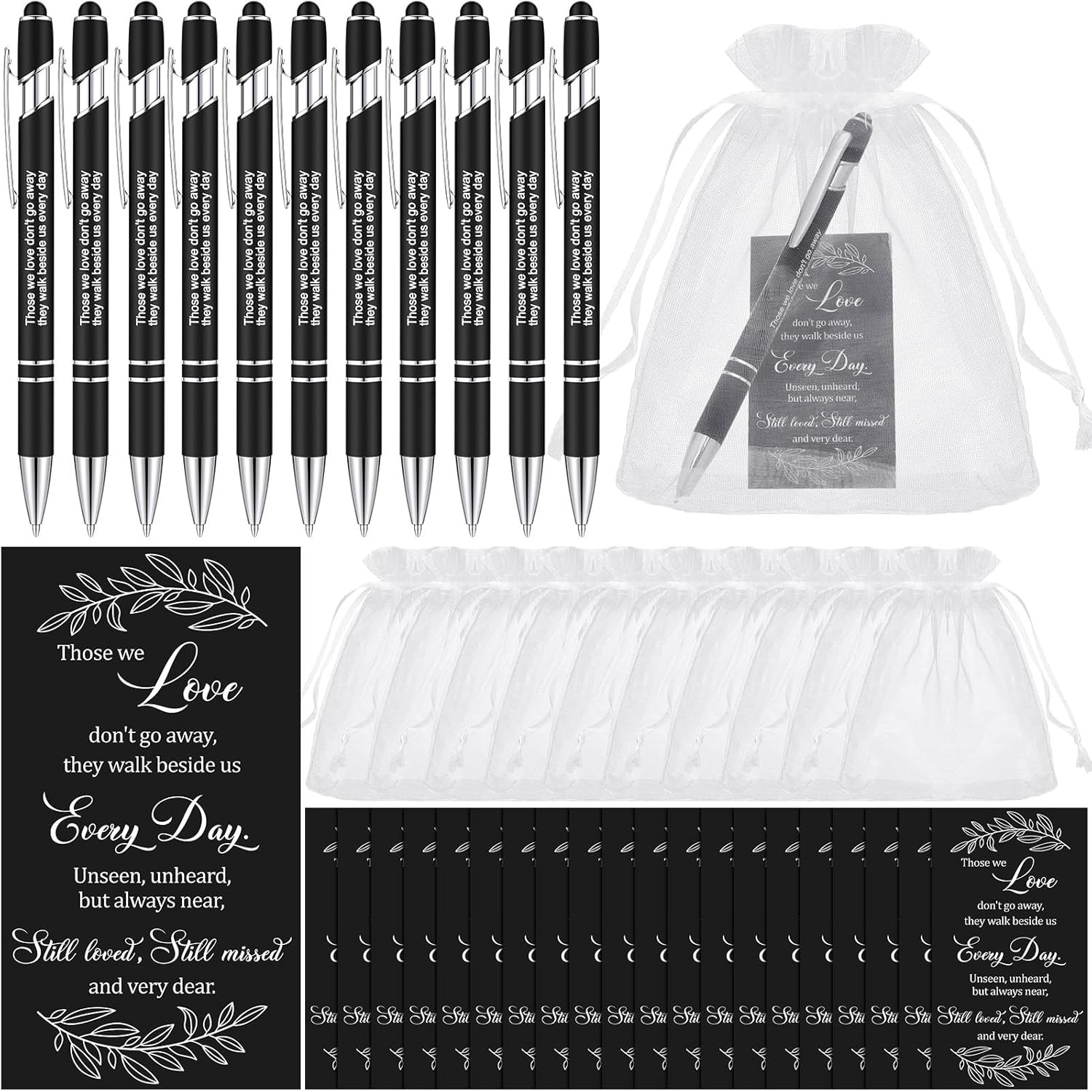 Yeaqee 150 Pcs Funeral Favor Thank You Set Funeral Favor for a Memorial Service 50 Ballpoint Pens 50 Poem Cards White Organza Bags Sympathy Condolence Bereavement Gift(Black,Elegant)