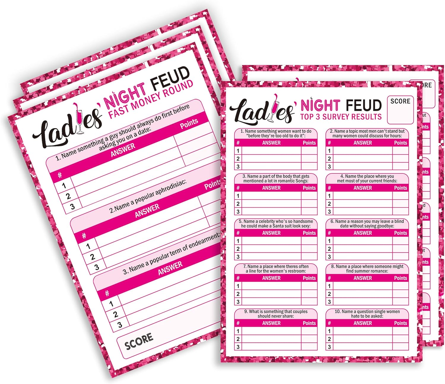 Ladies Night Party Feud Games, Girls Night Games, Ladies Night Out Games, Great for Bachelorette Party Game or Adult Trivia Game - 30 Ladies Feud Cards and 3 Fast Money Round Cards (03)