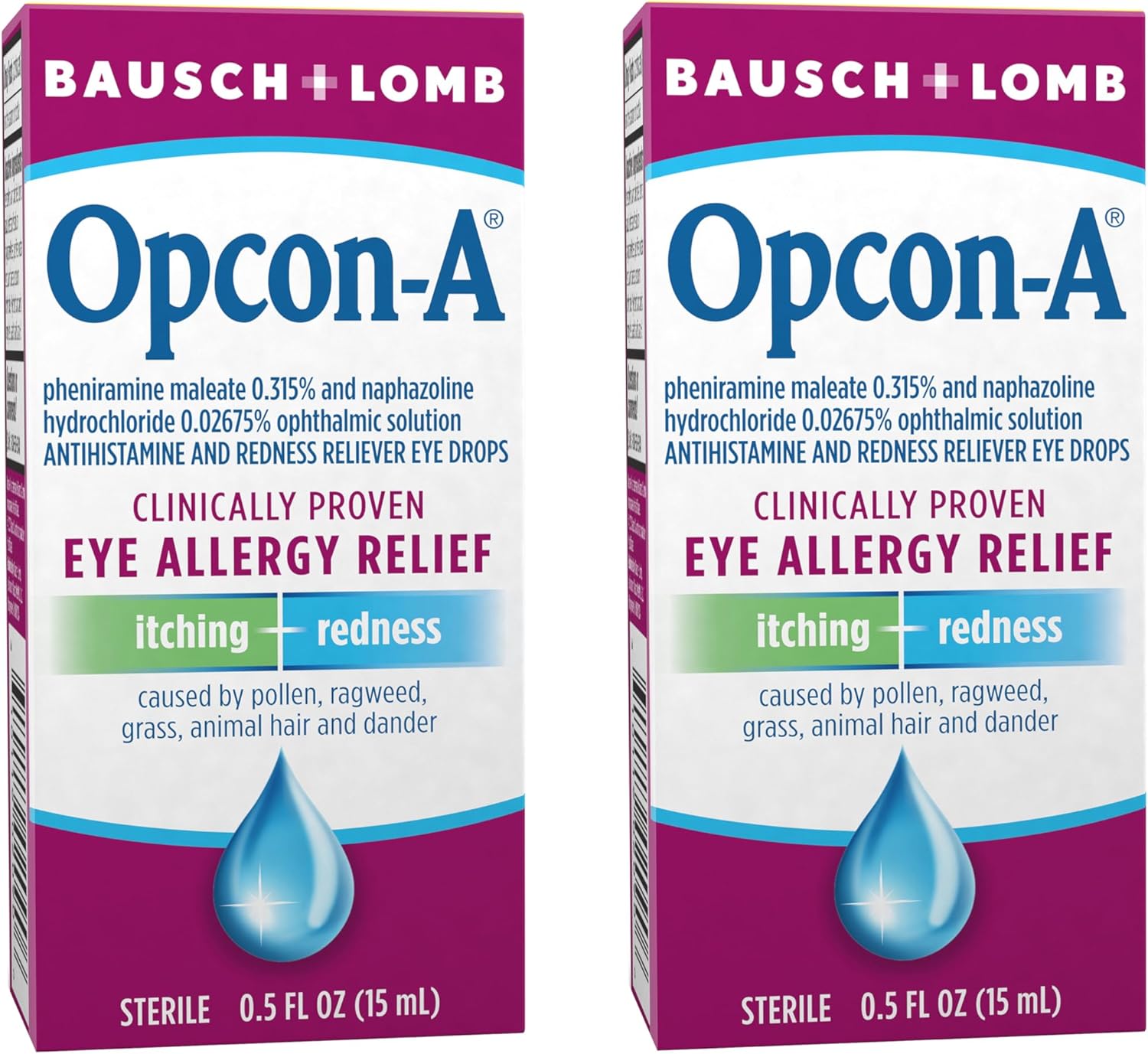 Opcon-A Allergy Eye Drops by Bausch + Lomb, for Itch and Redness Relief, Red and Itchy Eyes Antihistamine Eye Drop, Clinically Proven Treatment, 0.5 Fl Oz - 2 Pack