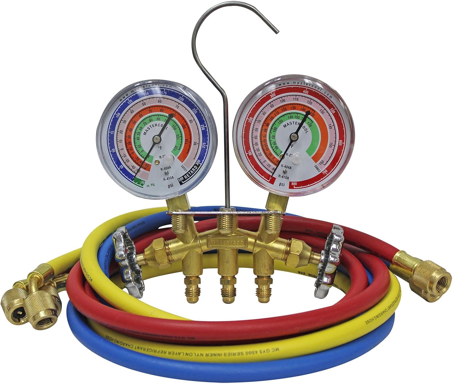Mastercool 59161 2-Way Heavy Duty Brass Manifold Gauge Set with 3 1/8" Silicone Dampened Gauges and 1/4" SAE Fittings for R410a, R22, R404A - U.S. Assembled & Tested with 60" Hoses