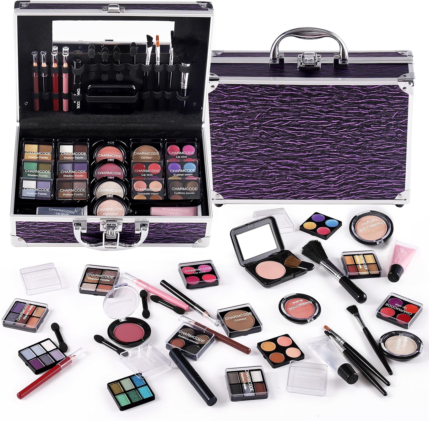 Makeup Kit for Teen Girls & Women Full Kit, Beauty Train Case with Starter Cosmetic Set, Make Up Valentine's Day Gift Box with Eyeshadow,Lipgloss,Highlighter,Blush,Lip&Eye Pencils,Brush & More(Purple)