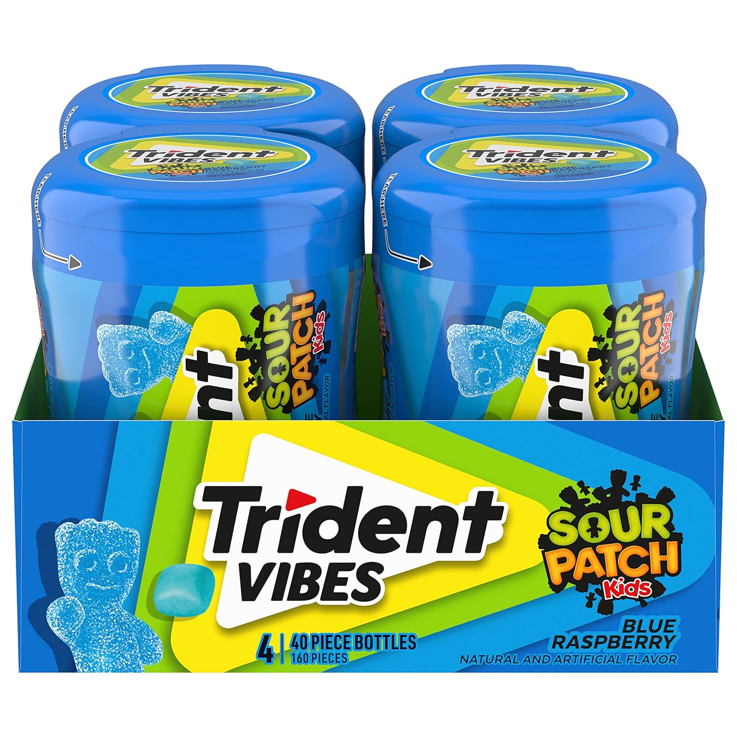 Trident Vibes SOUR PATCH KIDS Blue Raspberry Sugar-Free Chewing Gum, 4 Bottles of 40 Pieces (160 Total Pieces)