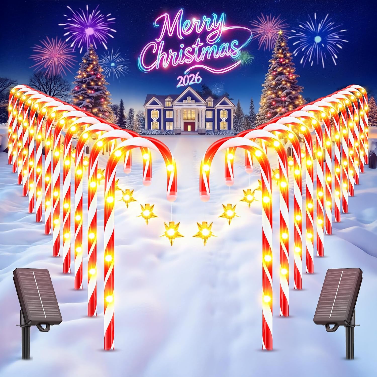 WdtPro 24-Pack Upgraded Solar Christmas Candy Cane Lights, Solar Pathway Lights Waterproof, Christmas Decorations Outdoor with 10 Modes and Bright 144 LED for Yard Garden Lawn Patio Party Decor