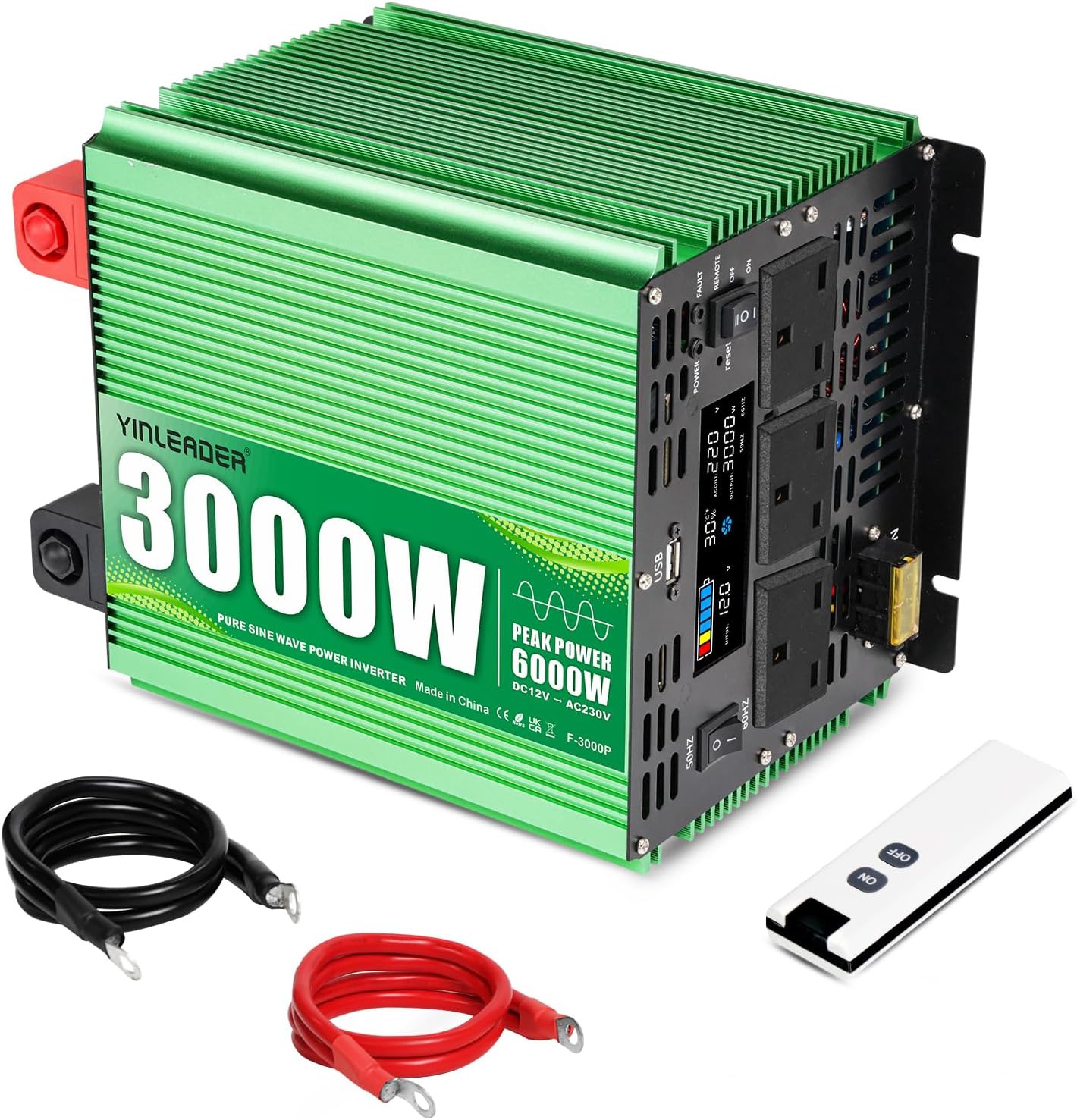 Yinleader Power Inverter 3000W/6000W Pure Sine Wave12V DC to 230V 240V AC with 3 UK Sockets, Large LCD Display, USB port, Remote Control