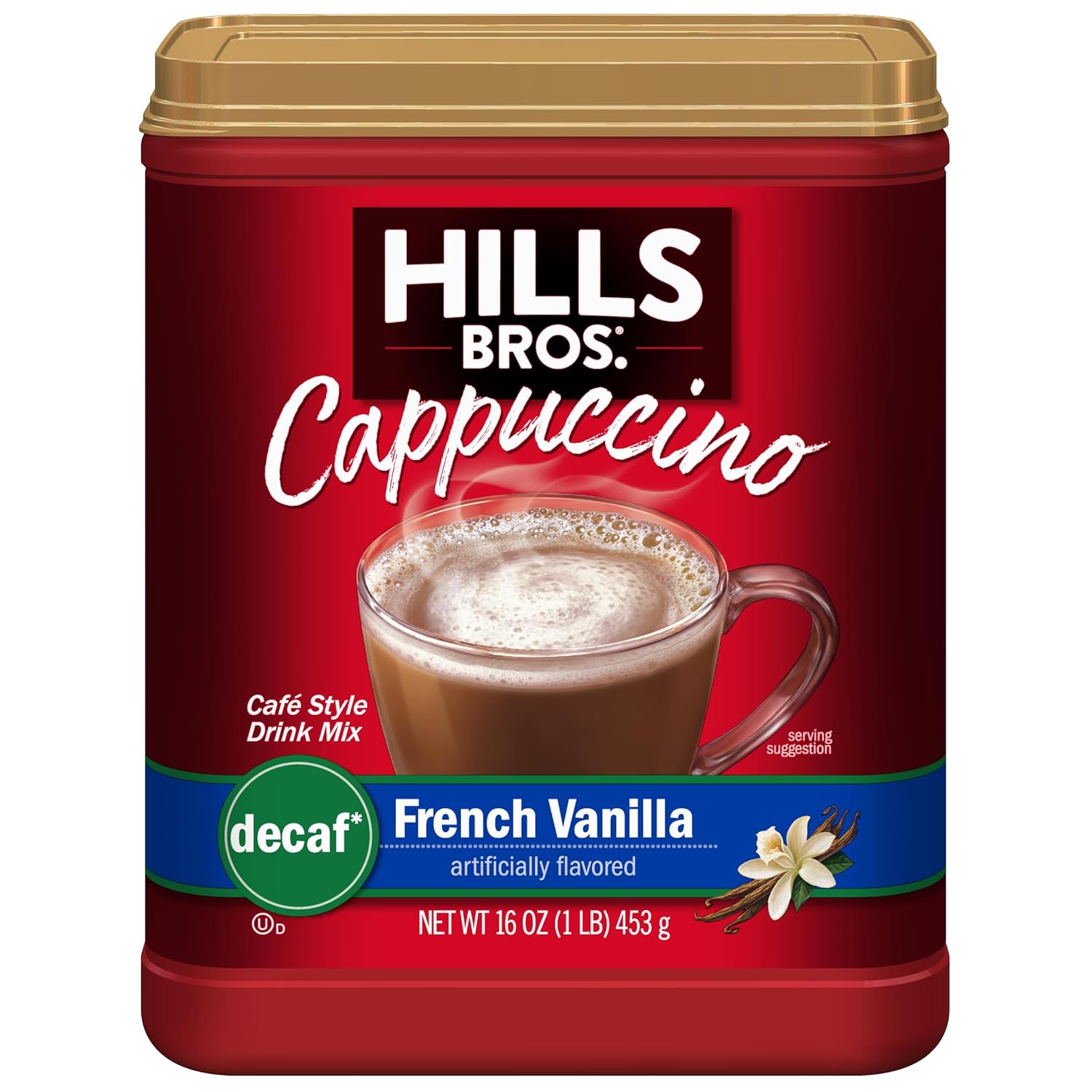 Hills Bros Decaf French Vanilla Cappuccino Mix, Easy to Use, Enjoy Coffeehouse Flavor at Home-Decadent with Sweet Notes and No Caffeine, 16 Ounce (Pack of 1)