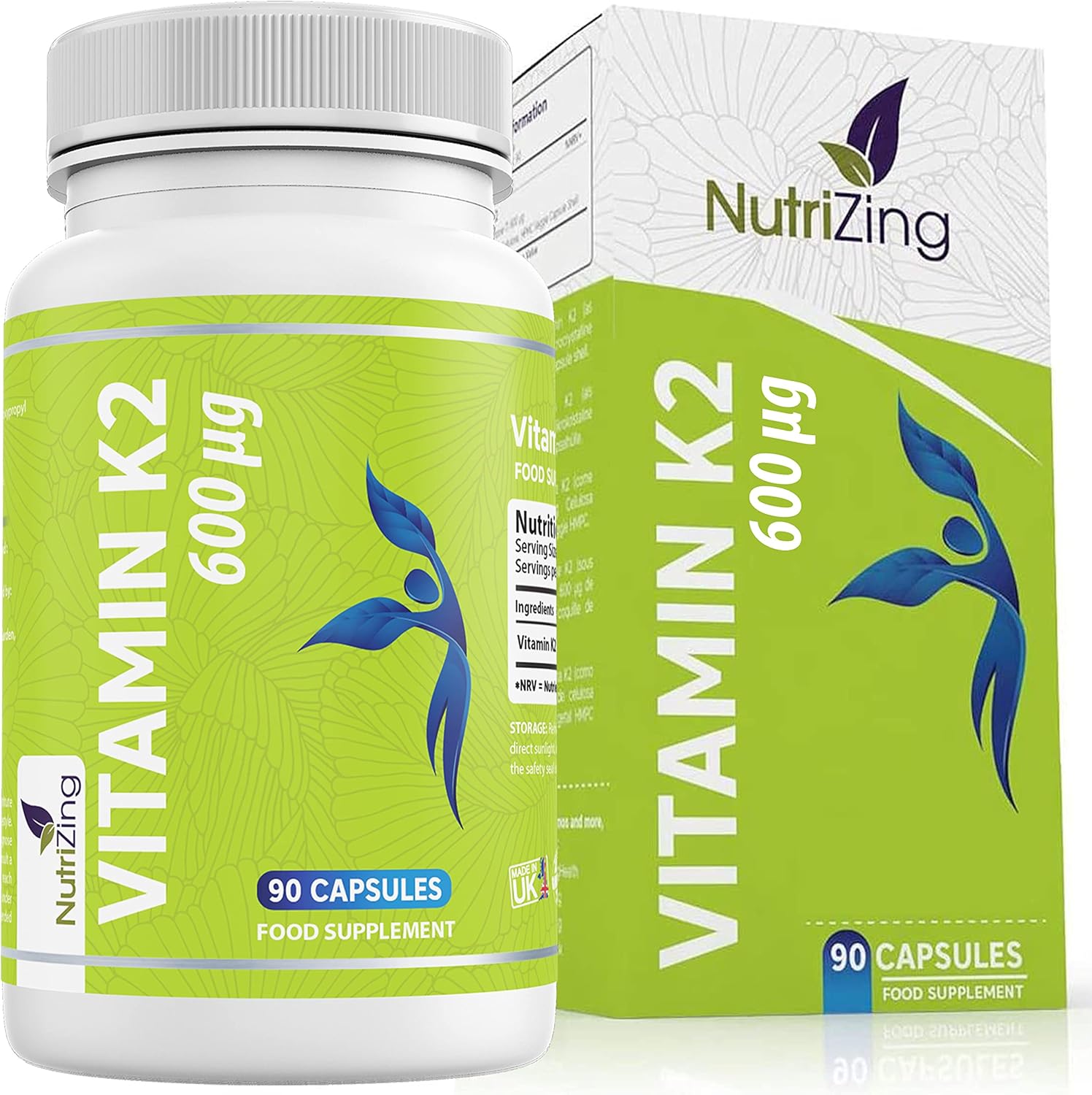 Vitamin K2 MK-7 600mcg by NutriZing - Fermented Natto Based Vegan Vitamin K - 90 Capsules - Supports Maintenance of Normal Bones - Certified Vegan by The Vegan Society