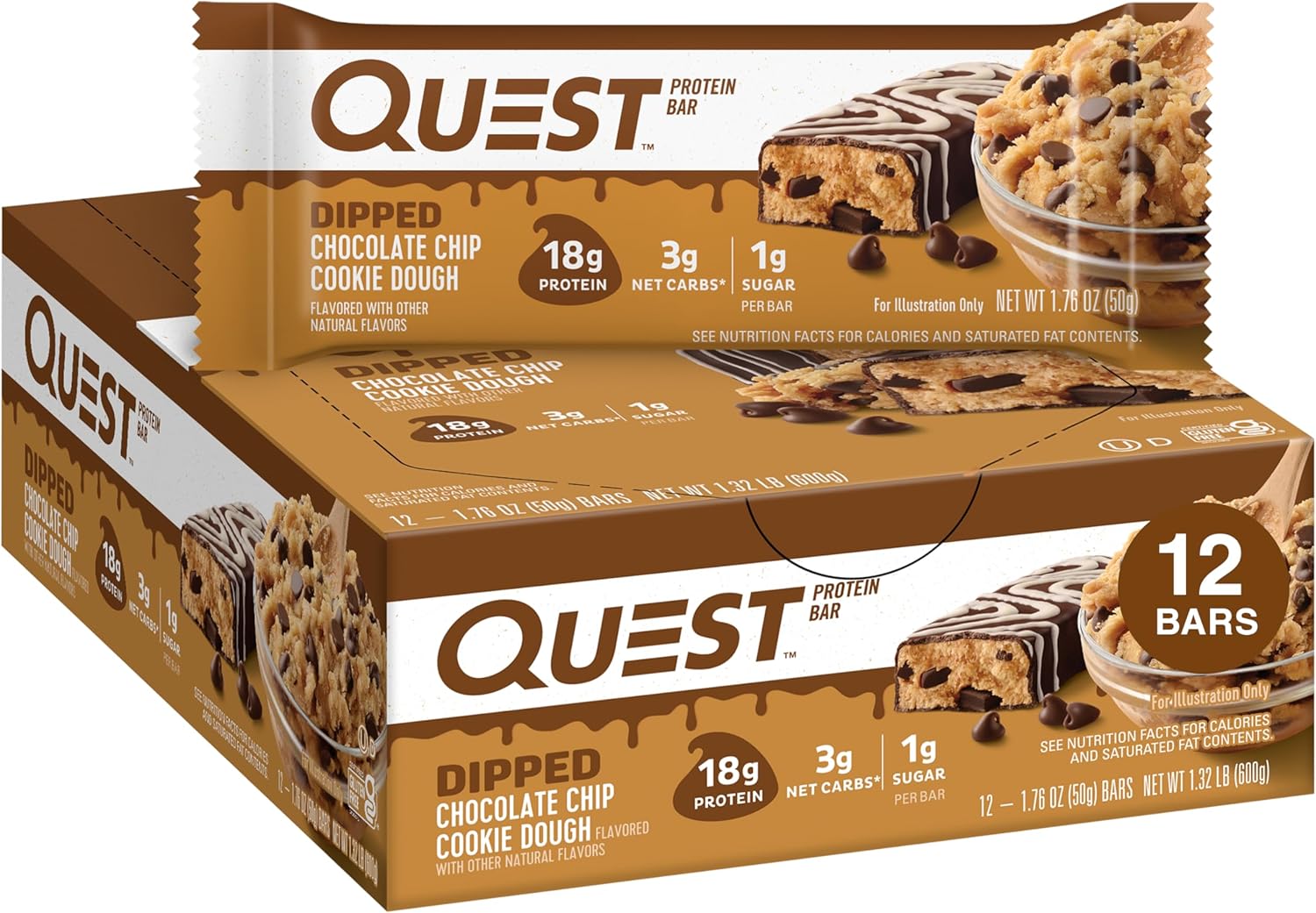 Quest Nutrition Protein Bar - Dipped Chocolate Chip Cookie Dough (12 Bars)