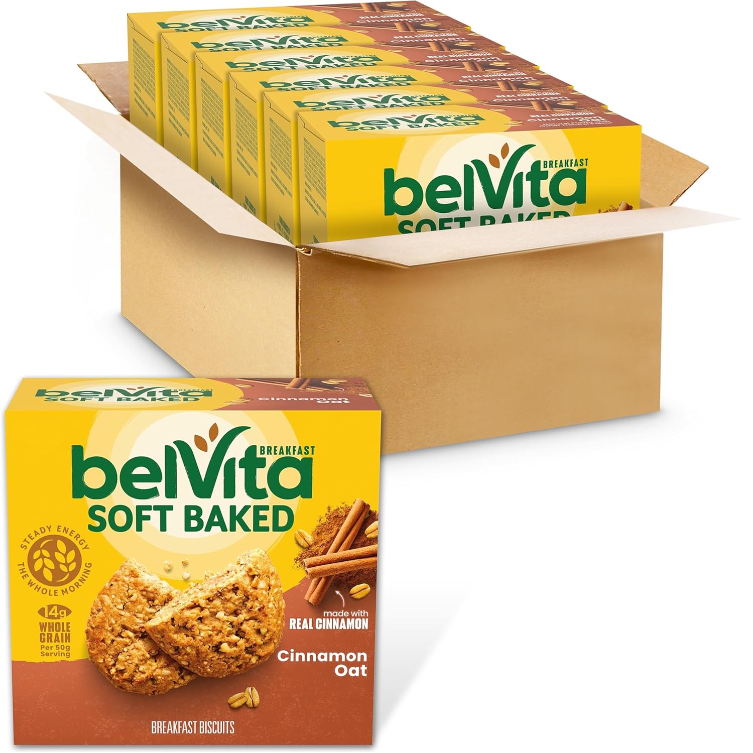 belVita Soft Baked Cinnamon Oat Breakfast Biscuits, Chewy Breakfast Bars, 6 Boxes of 5 Packs (1 Biscuit Per Pack)