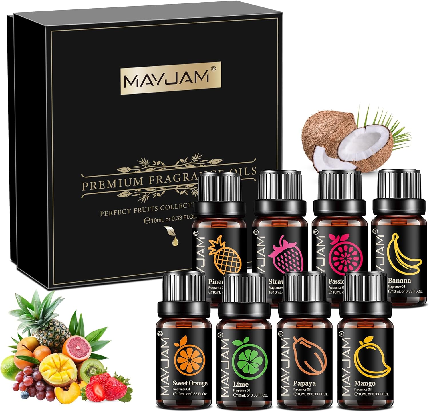 MAYJAM Essential Oil Gift Set, Fragrance Oil Aromatherapy - 8 x 10ML Fruity Fragrance Oil, for Diffuser Candle Making - Sweet Orange, Strawberry, Mango, Pineapple, Papaya, Lime, Banana, Passion Fruit