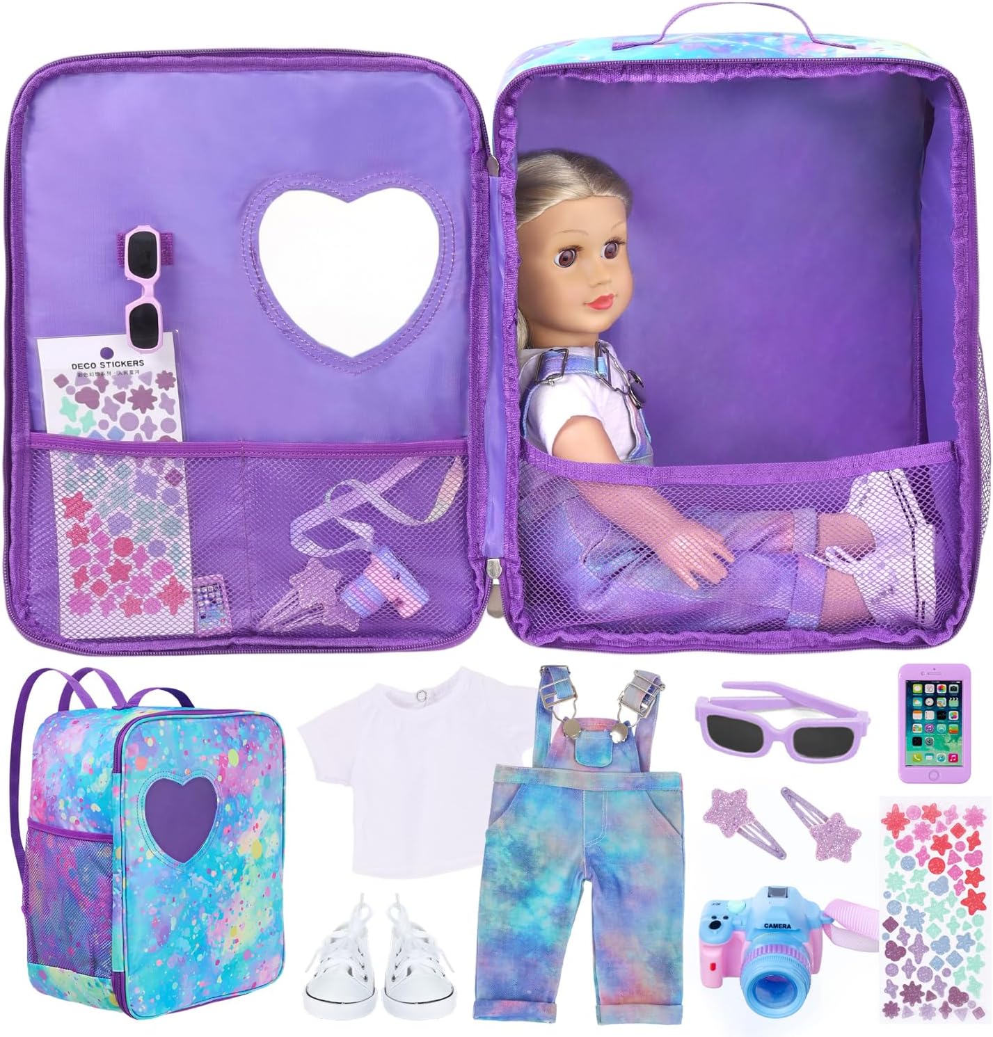 18 Inch Doll Carrier Backpack - Blue and Purple Tie-Dye Style Travel Set with Accessories