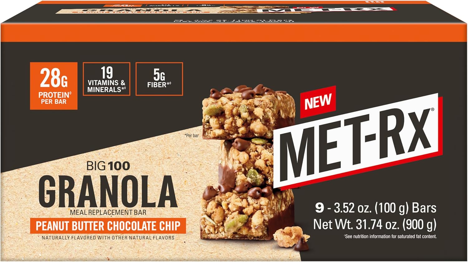 MET-Rx Big 100 Granola Protein Bar, Meal Replacement Bar, 32G Protein,Peanut Butter Chocolate Chip, Pack of 9