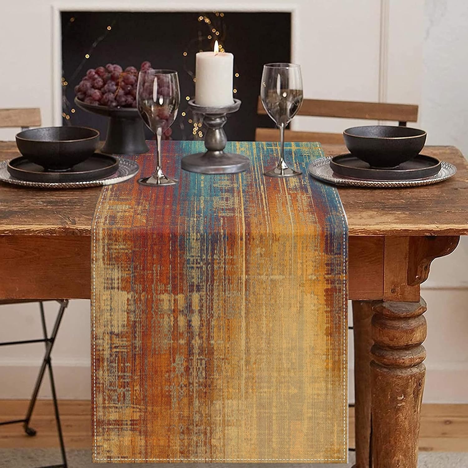 Emvency Blue and Orange Table Runner, Vintage Abstract Messy Rust Painting Dining Decor for Kitchen Coffee Table Family Dinners Holiday Parties Wedding Events Decor(13x72 inch)