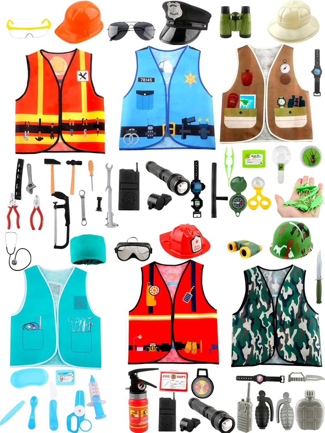 6 Sets Kids Dressing up Costumes Pretend Play Outfits Construction Worker Firefighter Police Doctor Surgeon Explorer Military Vest for Boys Girls Cosplay Party Accessories