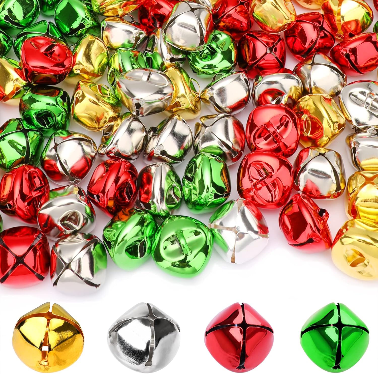 Augshy 120 Pieces Jingle Bells 1 Inch Craft Bell Bulk for Christmas Home and Pet Decorations Xmas Decor Party Favors Supplies (Gold, Silver, Red and Green)