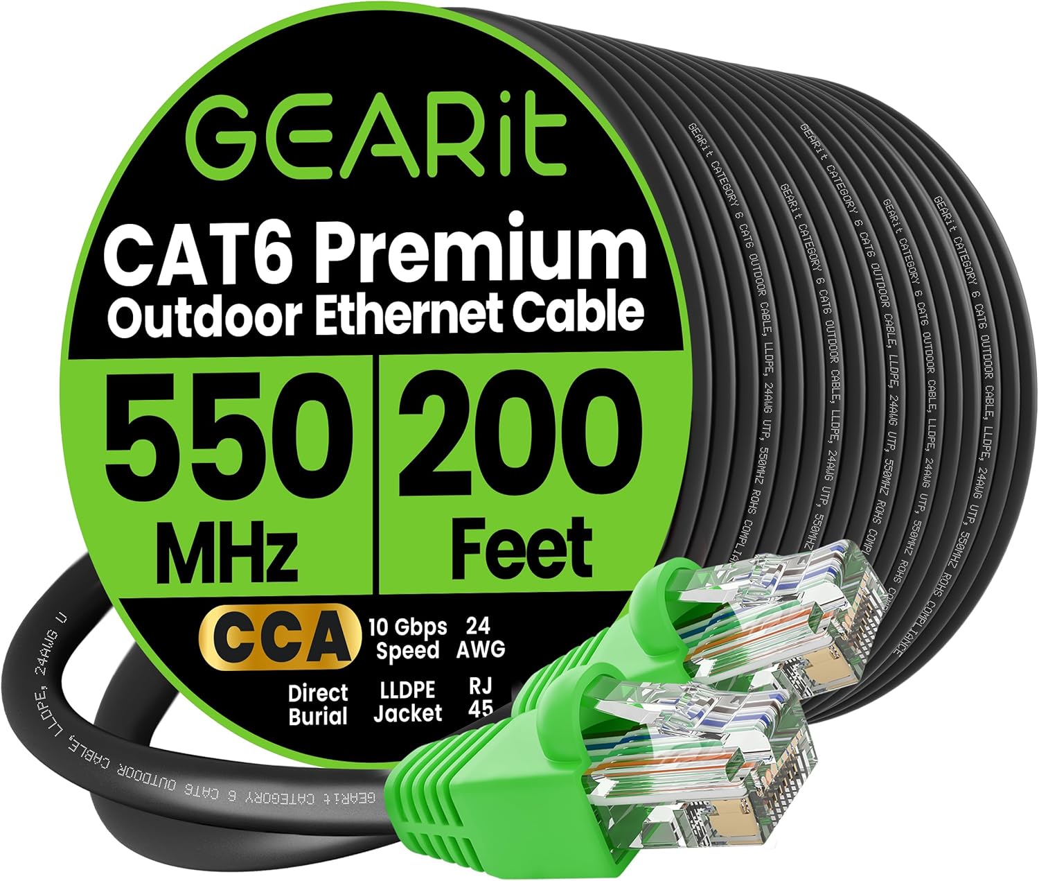 GEARit RJ45 Cat-6 Ethernet Patch Cable, 10Gpbs Transfer Speed, Gold-Plated Connectors, Copper Clad, Outdoor, UV Resistant, Direct Burial, Waterproof, Durable, 200 Foot (60.9 Meters), Black