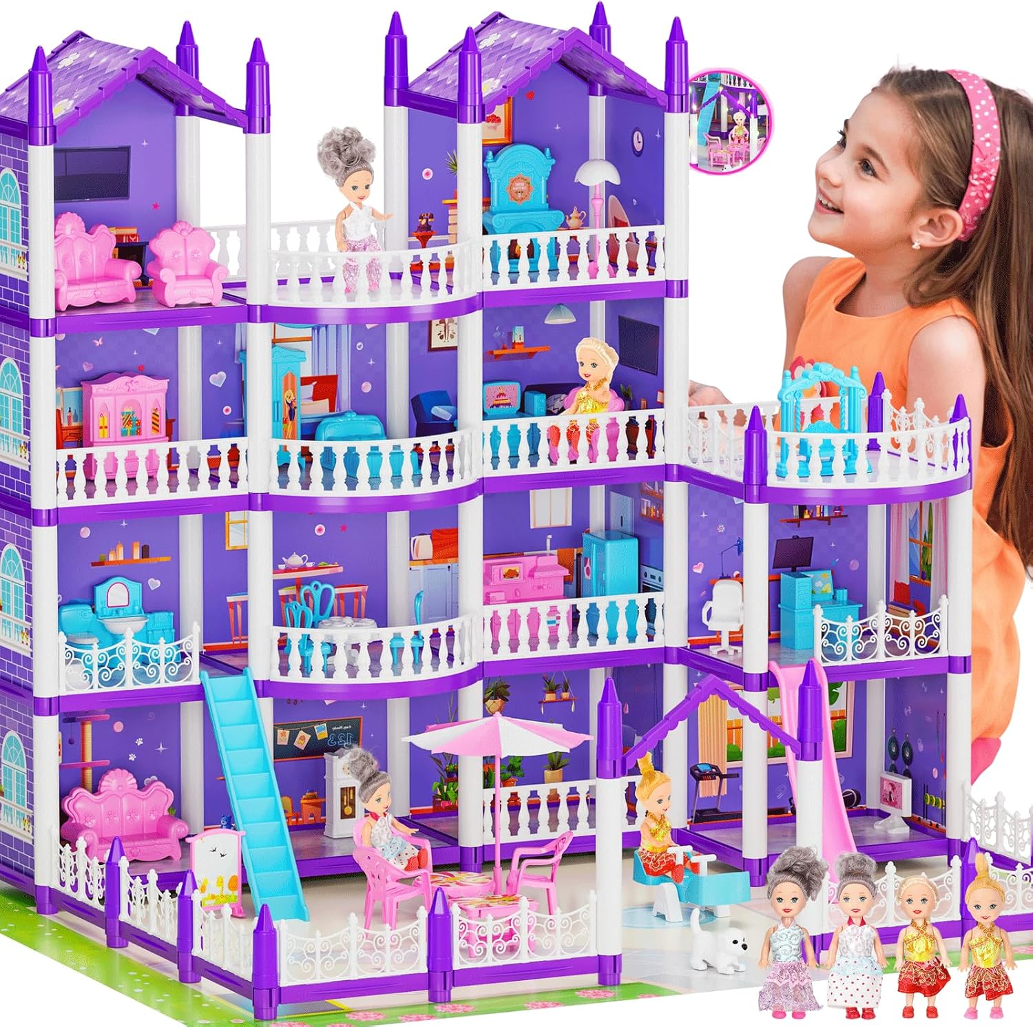 Big Doll House Girl Toys Dream Dollhouse 4-Story 15 Rooms Playhouse with 3 Dolls, Lights, Furniture and Accessories, Pretend Play Toddler Doll Houses for Kids 6 7 8 9 10 11 12+ Year Old Gift
