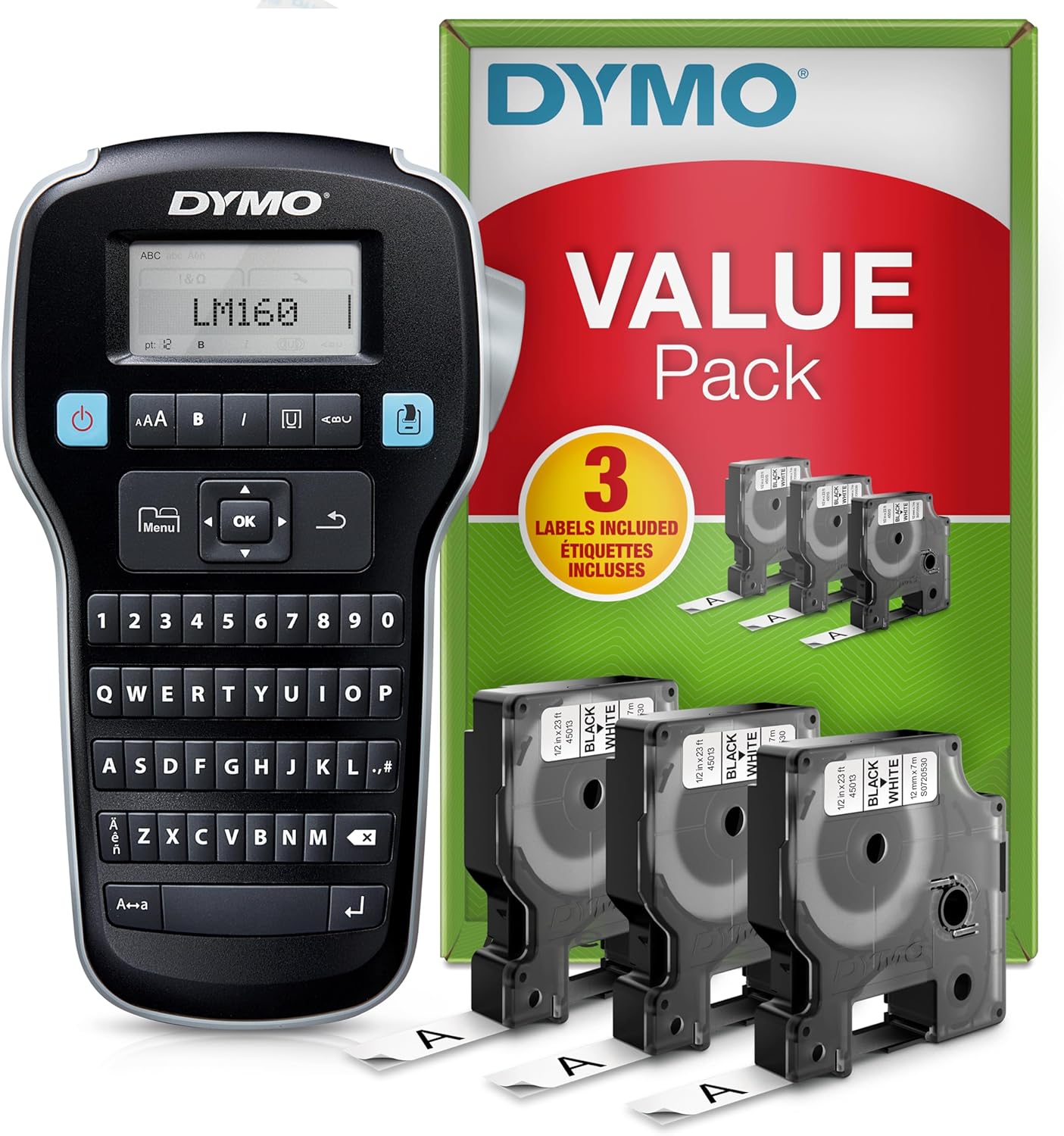 DYMO LabelManager 160 Label Maker Starter Kit with 3 Rolls of D1 Label Tape | Handheld Label Printer Machine | QWERTY Keyboard | Ideal for Office or Home