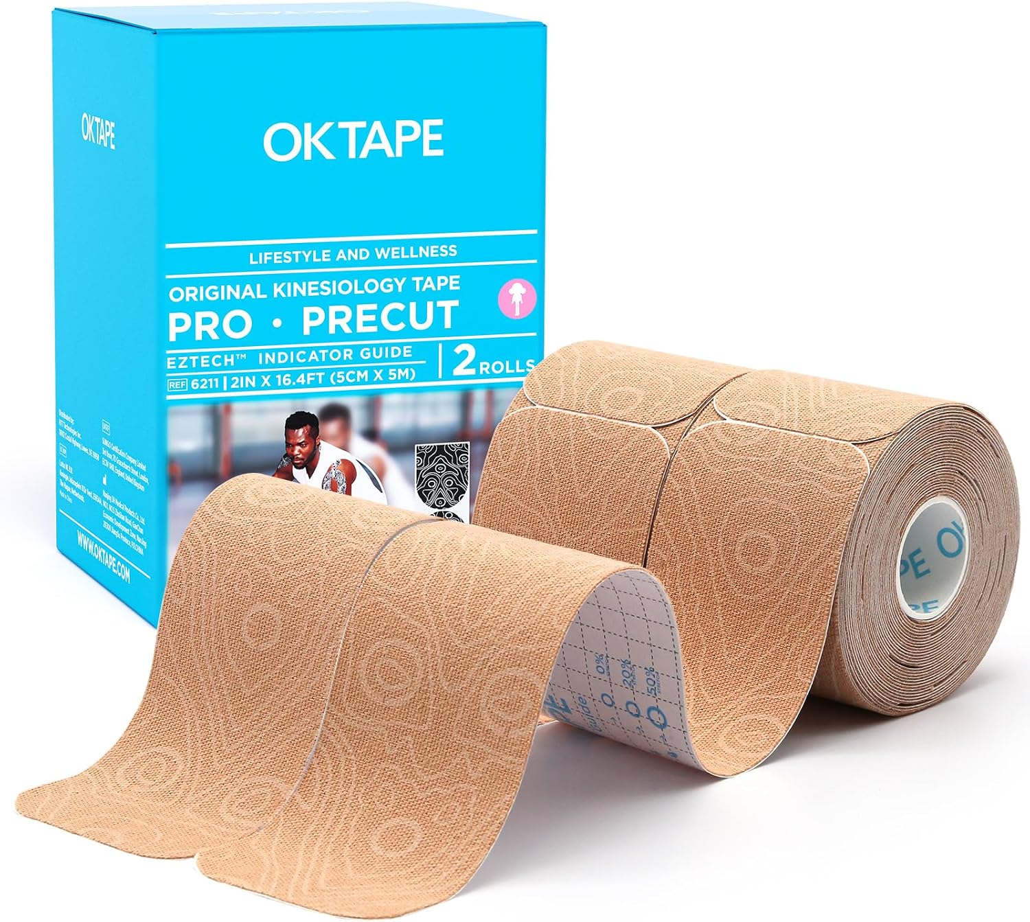 OK TAPE Kinesiology Tape PRO Pre-Cut Latex Free Strips 2in x 16.4ft 2Rolls