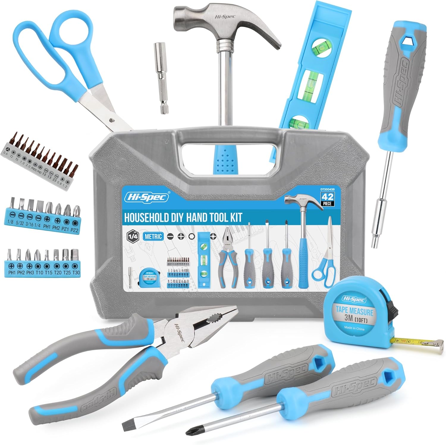 Hi-Spec 42pc Household DIY Tool Kit, Blue Handy Set with Essential Hand Tools for Home, Office & College Dorm – Starter Basic Toolbox for Repair & Maintenance with Storage
