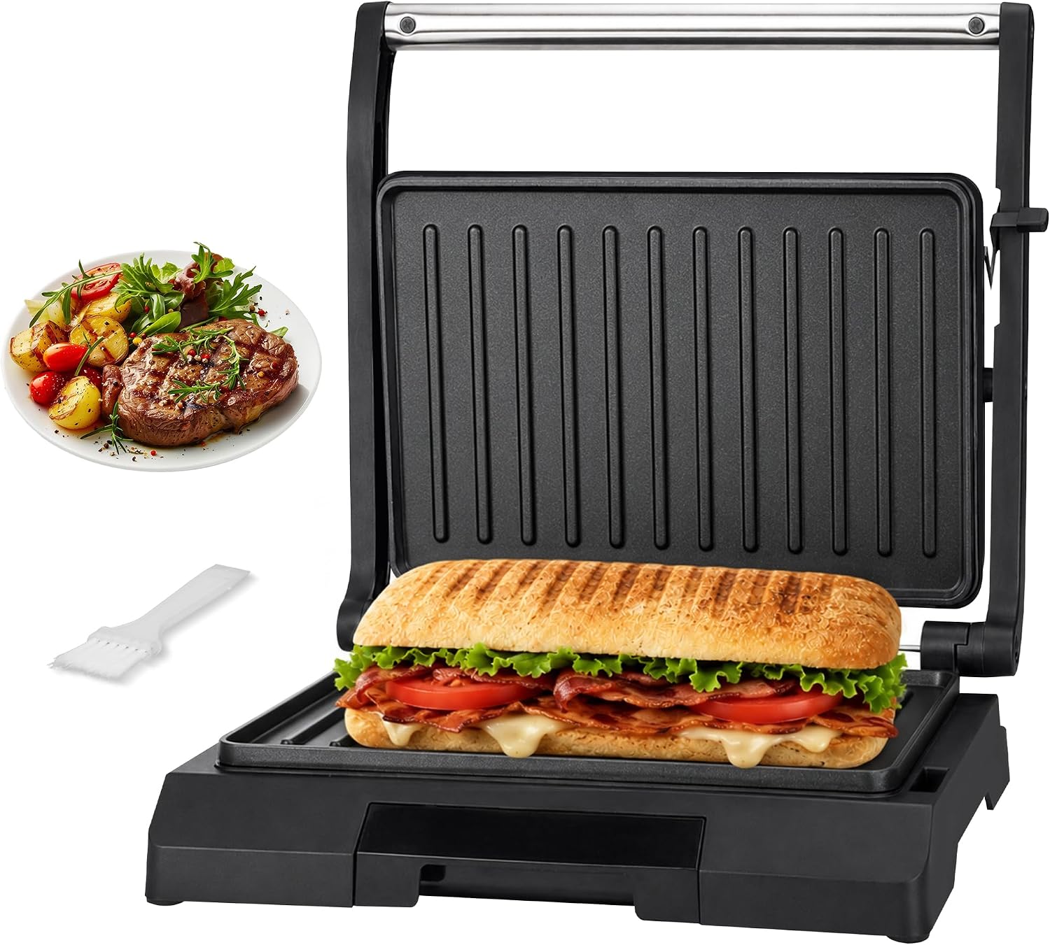 Baker's Friend 2 Slices of Mini Panini Press Electric Grill, Panini Grill Press Sandwich Maker Press, Sandwichera Electrical for Pancakes & Eggs, Oil Tray, Non Stick Surfaces, Stainless Steel
