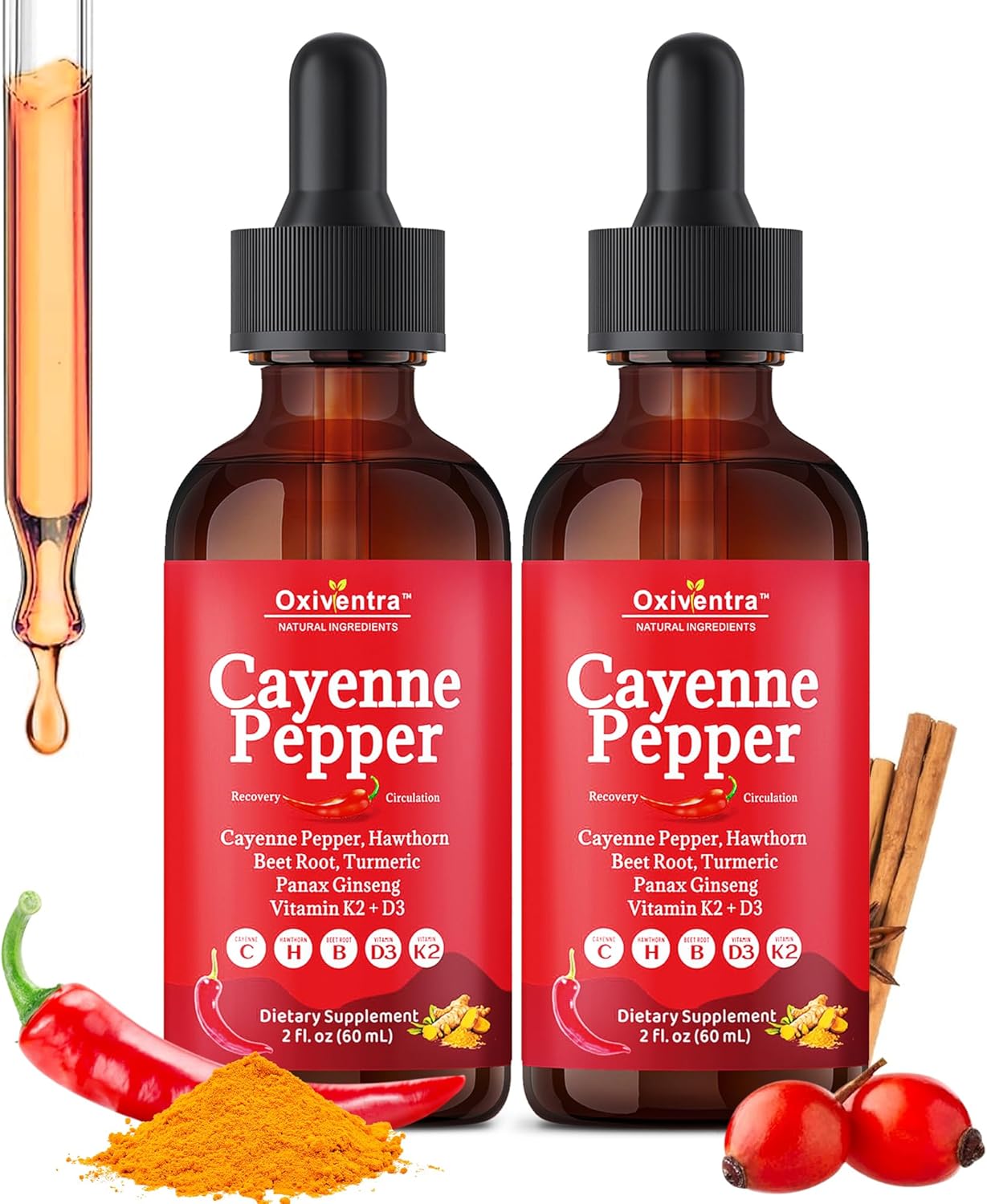 Cayenne Pepper Drops Liquid Supplement Smooth & Sweet Herbal Liquid + Hawthorn Berry, Vitamin D3 K2 Beet Root Powder, Ceylon Cinnamon, Turmeric Curcumin, Organic Panax Ginseng - 4fl oz