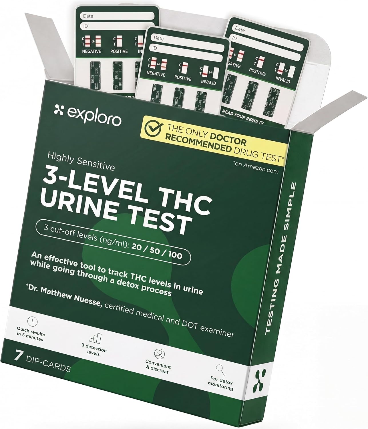 Exploro THC Drug Tests at Home - 3-Level 20/50/100 ng/mL Strips, 7 Pack | Track Weed Cleanse Progress Week by Week, Results in 5 Minutes, Individually Sealed and Discreet, Instructions Included