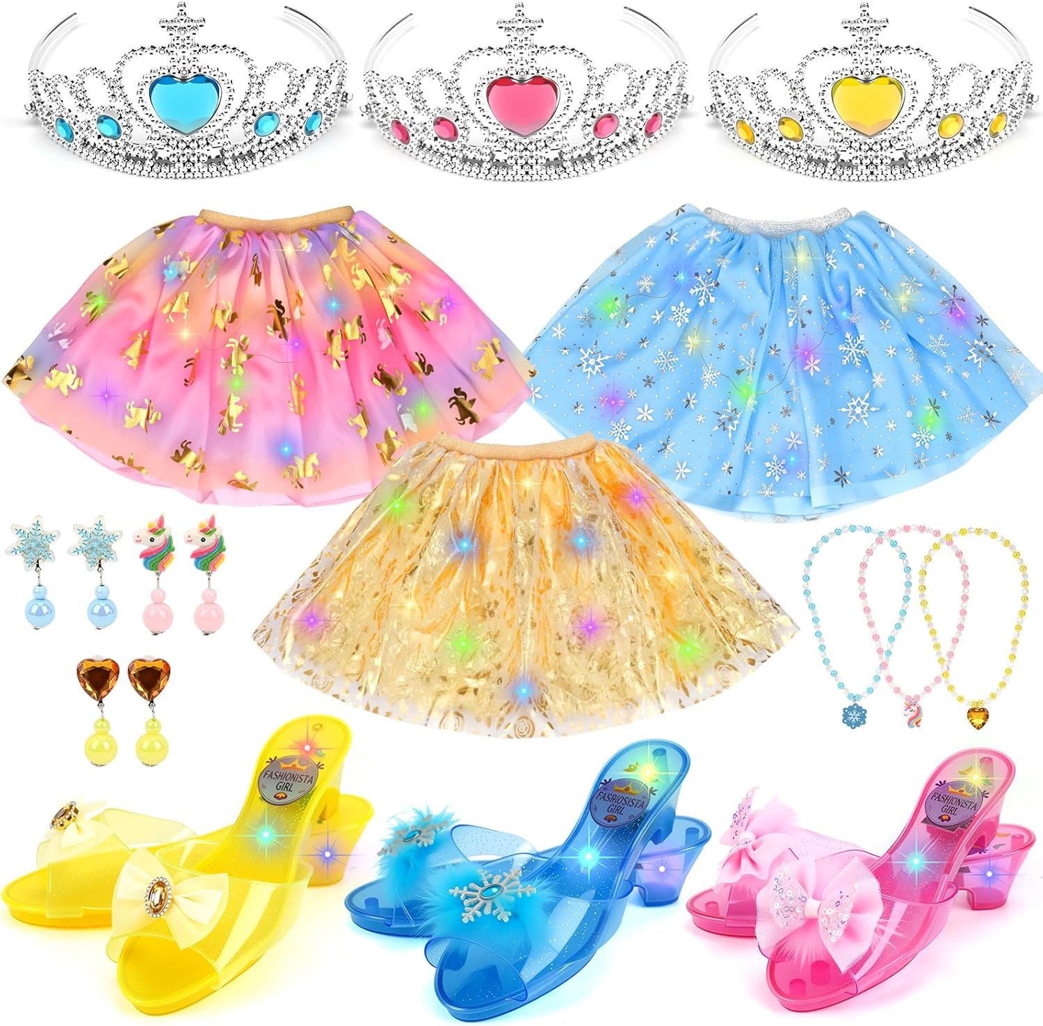 INSPIMYST Light-Up Princess Dress Up Shoes, 3 Themes Princess Costume for Girls with Earrings Necklaces Crown for 3 4 5 6 Aged Kids Girls Birthday Halloween Christmas Gifts