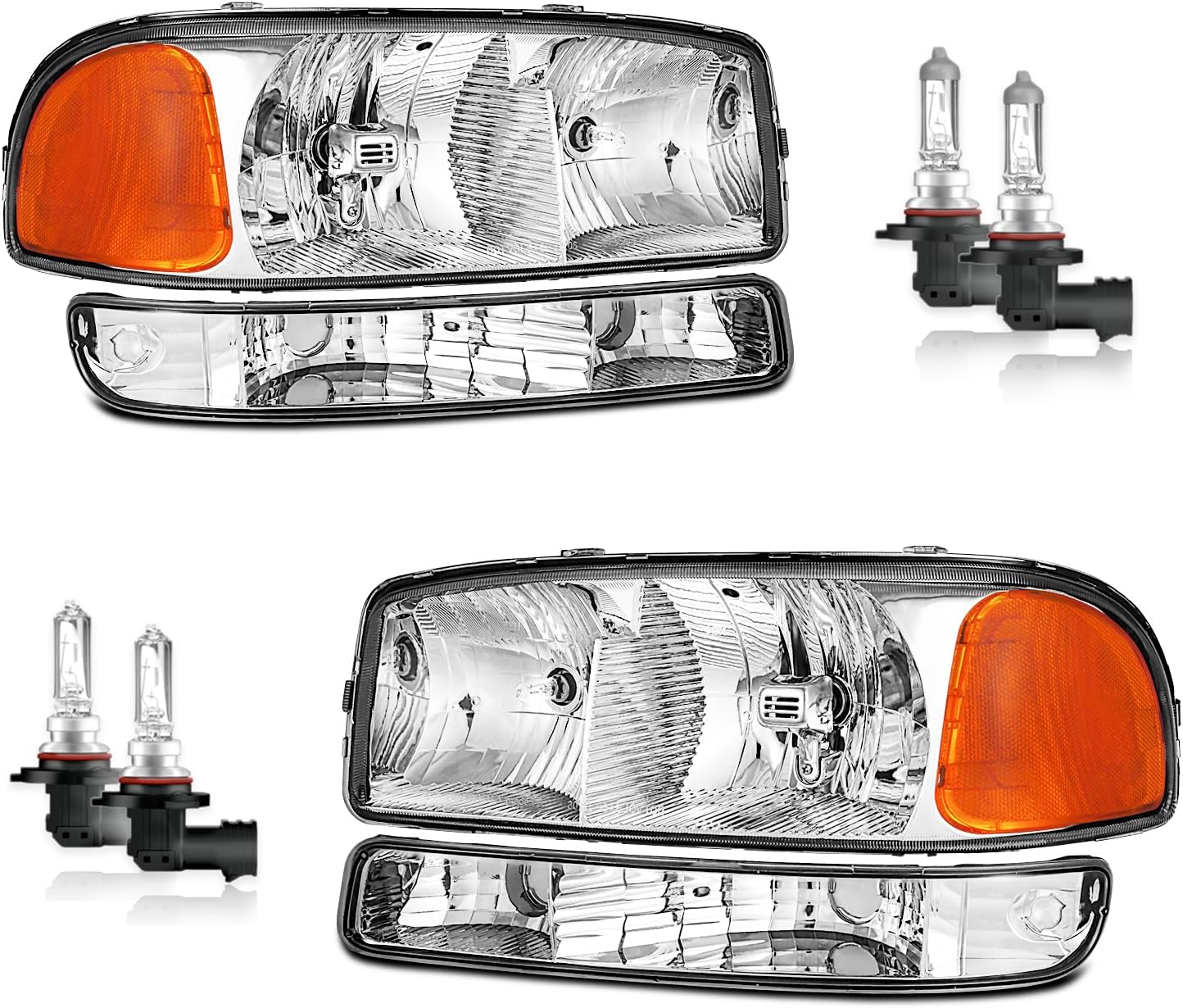 Headlights for 1999-2007 GMC Sierra, for 1999-2006 GMC Yukon Halogen Headlamp Replacement, High/Low Beam W/Bulbs, Driver & Passenger Side