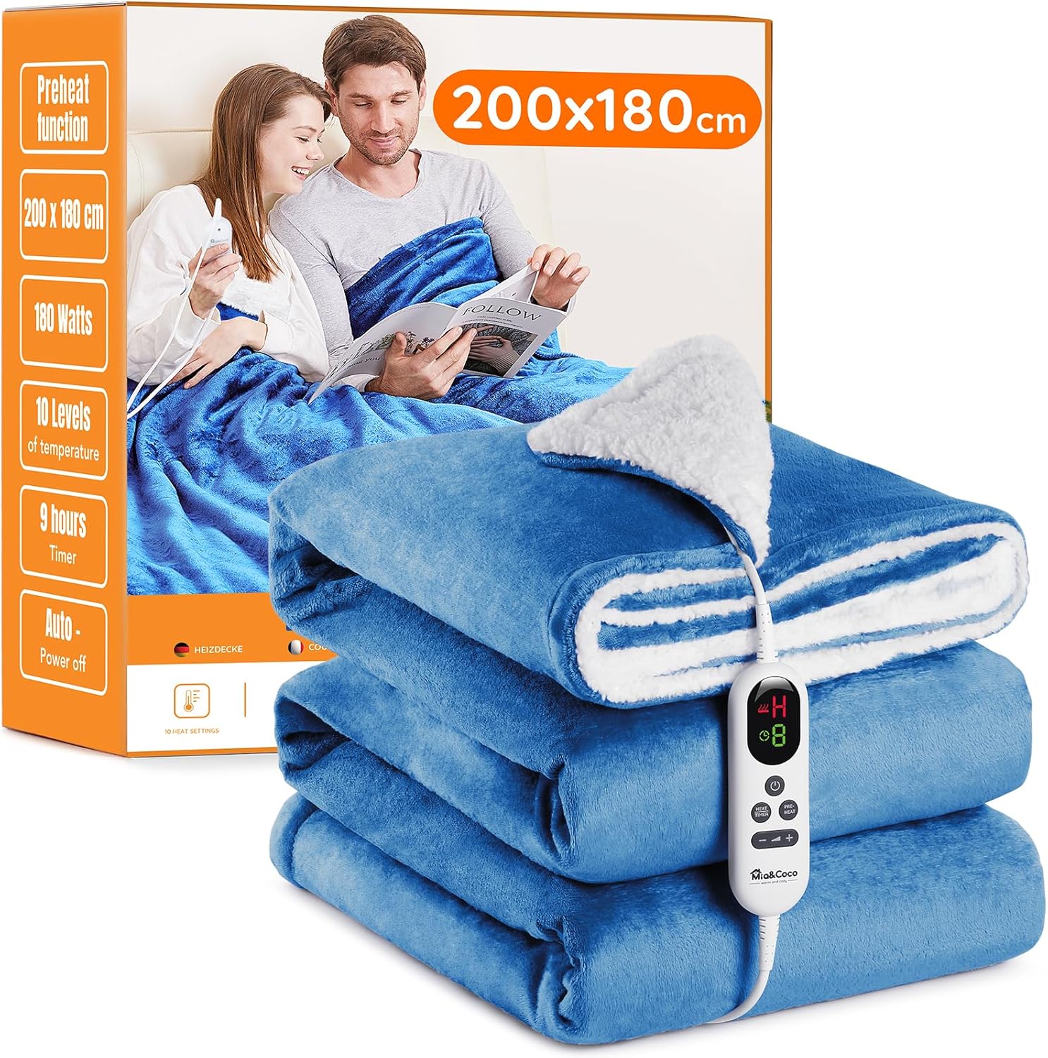 Mia&Coco Electric Heated Blanket Throw Flannel Sherpa Fast Heating 200x180cm, 10 Heat Levels & Up-to-9-Hours Auto-Off Timer & LED Display, for Home Office Use, Machine Washable, ETL Certified, Blue