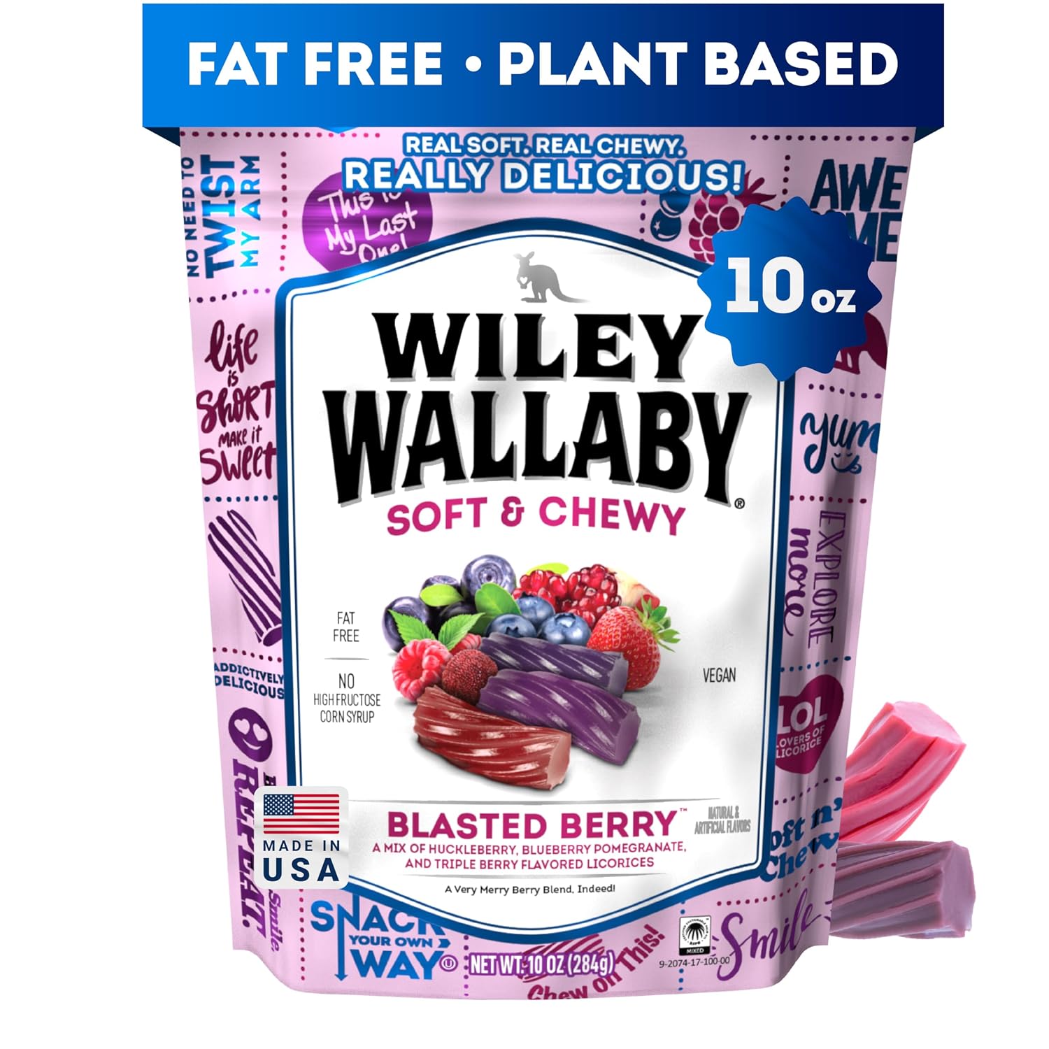 Wiley Wallaby Blasted Berry Licorice Candy, Soft & Chewy, 10oz, 1Pk