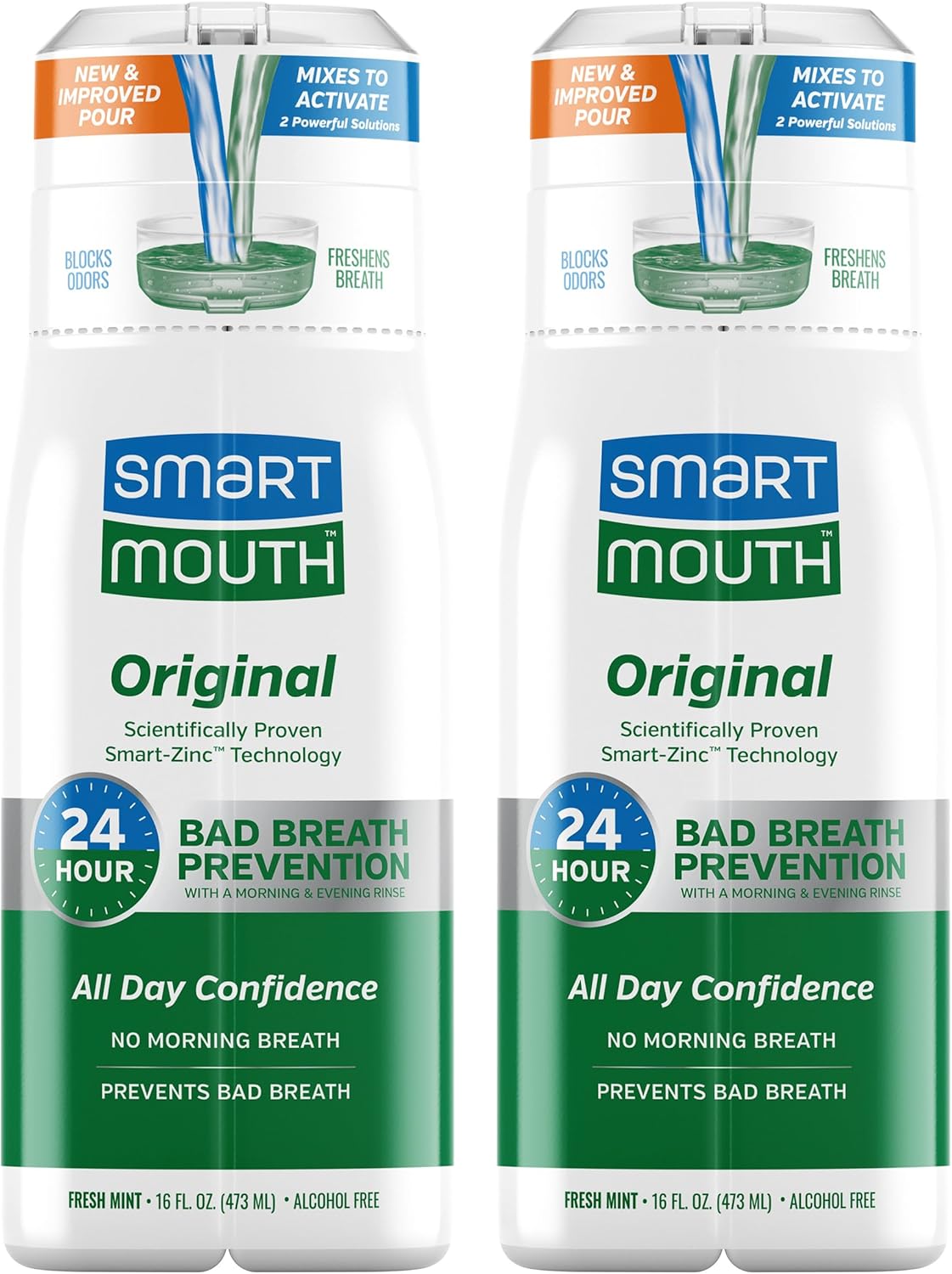 SmartMouth Original Zinc Activated Mouthwash - Instant Fresh Breath Mouthwash - Eliminates Bad Odors and Bad Breath - Alcohol-Free, Sugar-Free, Gluten-Free - Fresh Mint - 16 fl oz (2 Pack)