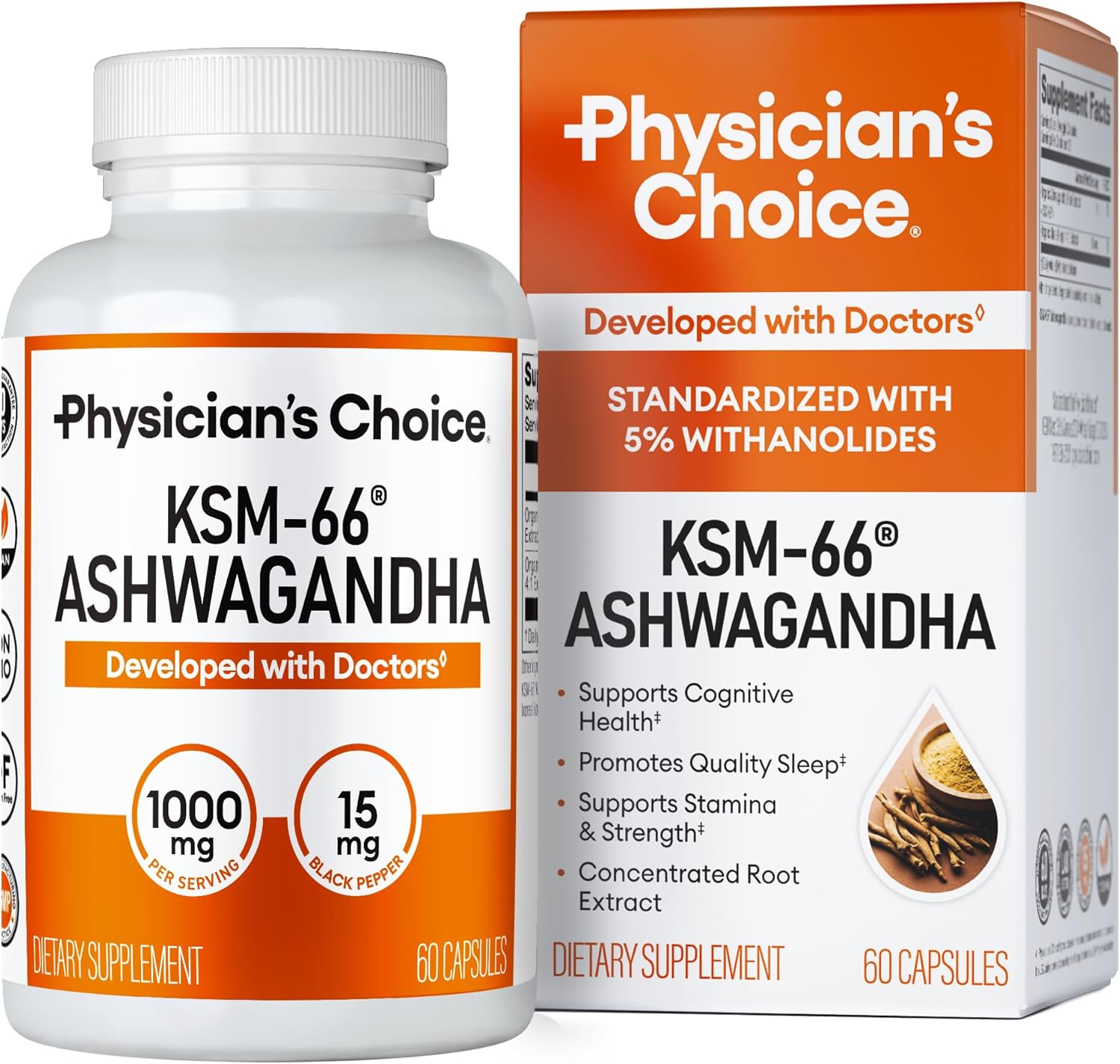 Physician's CHOICE KSM-66 Ashwagandha Root Powder Extract 1,000mg - Organic - with Black Pepper for Maximum Absorption - 5% Withanolides - Stress, Mood & Athletic Support - 60 Vegan Capsules