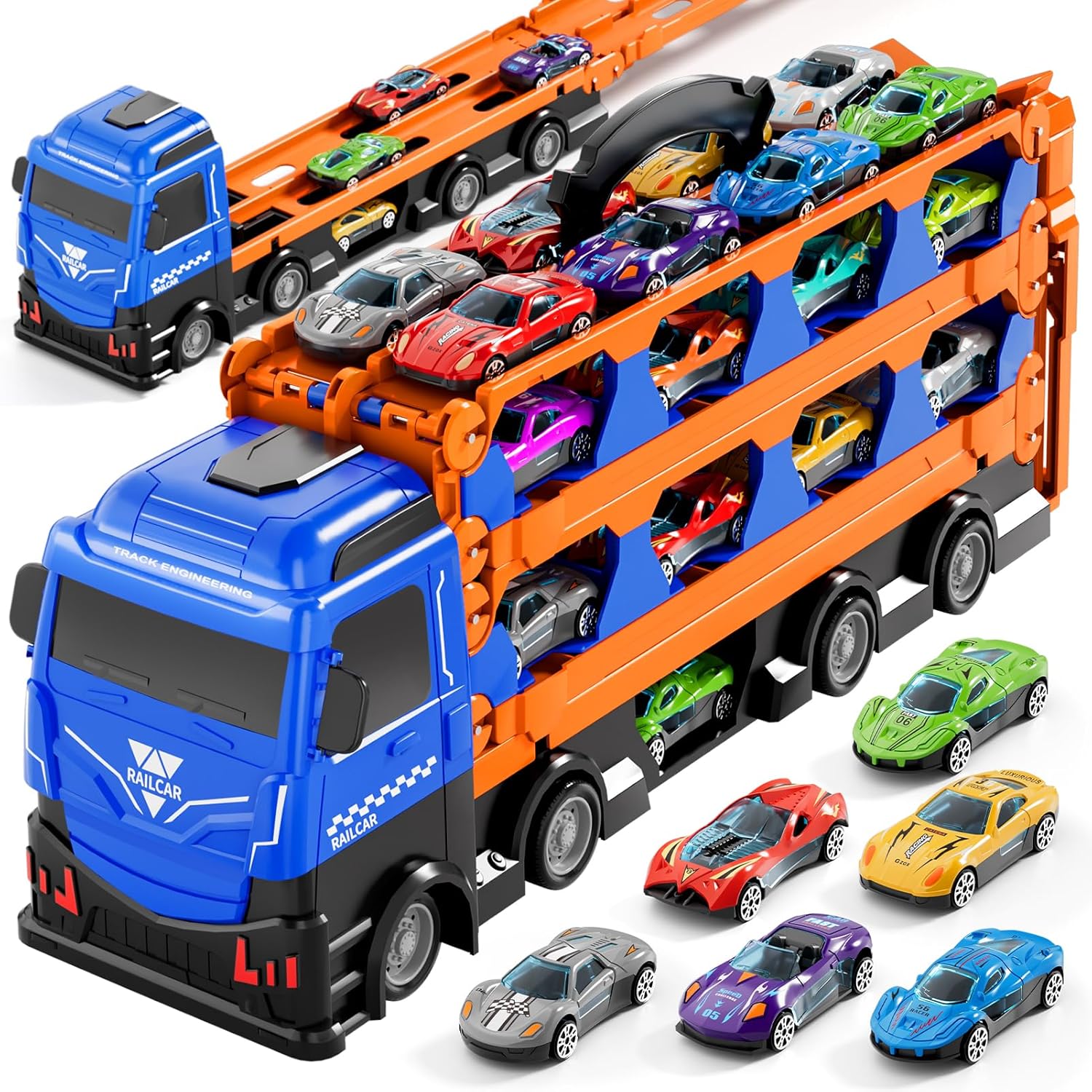 78-Inch Cars Trucks Toys for Toddlers 1-3 2-4 3-5 4-7 Years Old Boys Kids, Transport Truck with 24 Pcs Die-Cast Cars, Toy Gifts for 3 4 5 6 Year Old Boys, Toddler Gift Toys Ages 3-5 4-7