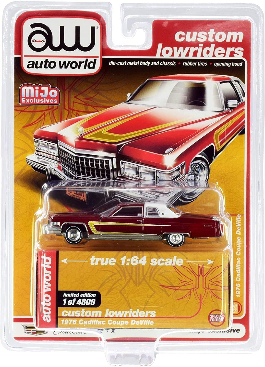 1976 Cadillac Coupe DeVille Burgundy and White with Chrome Wheels Custom Lowriders Ltd Ed to 4800 pcs 1/64 Diecast Model Car by Autoworld CP7661