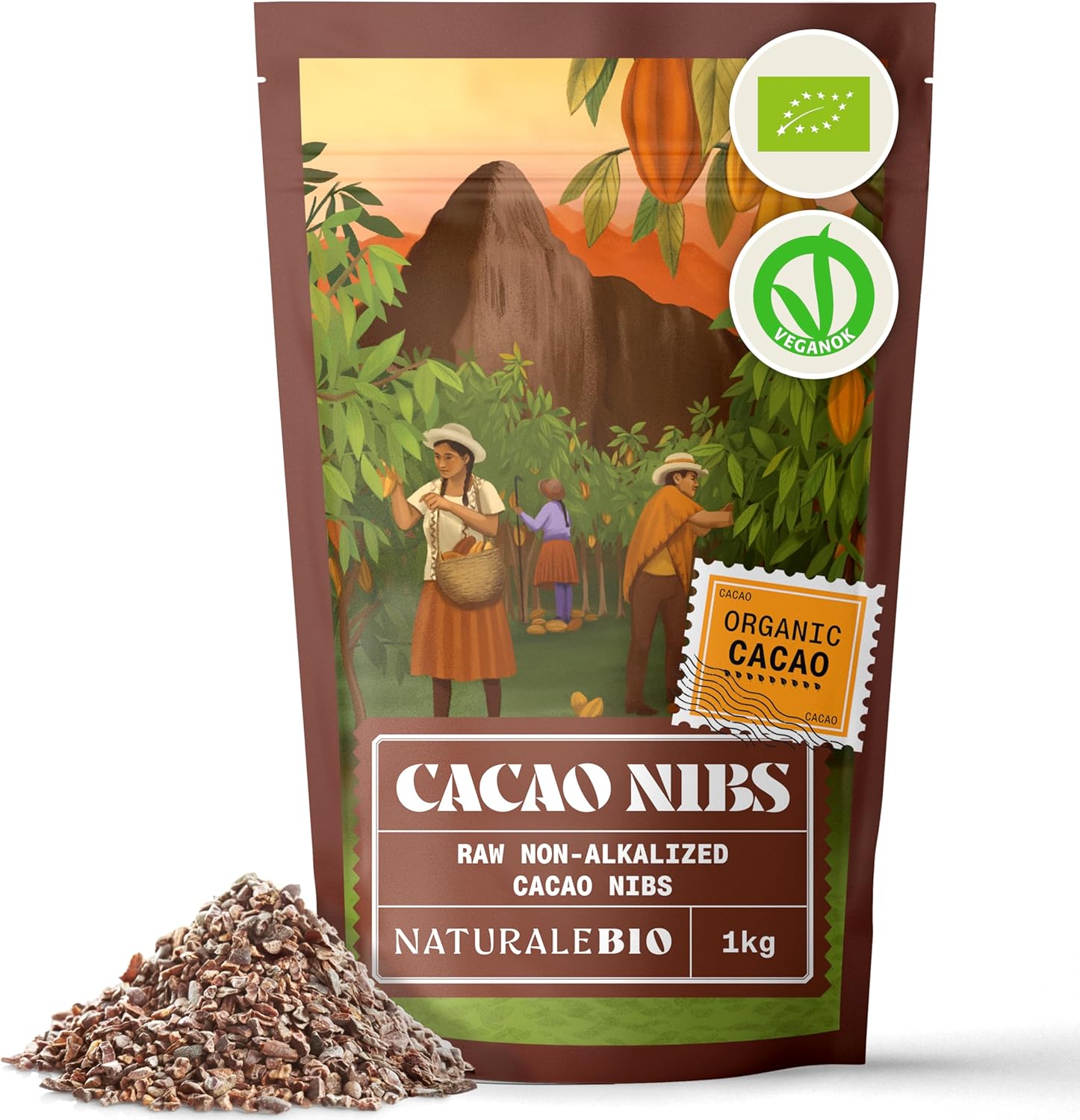 NaturaleBio Organic Raw Cacao Nibs 1 kg. Natural and Pure. Made in Tropical Regions from the Theobroma Cacao Plant. Source of Magnesium, Potassium and Iron.