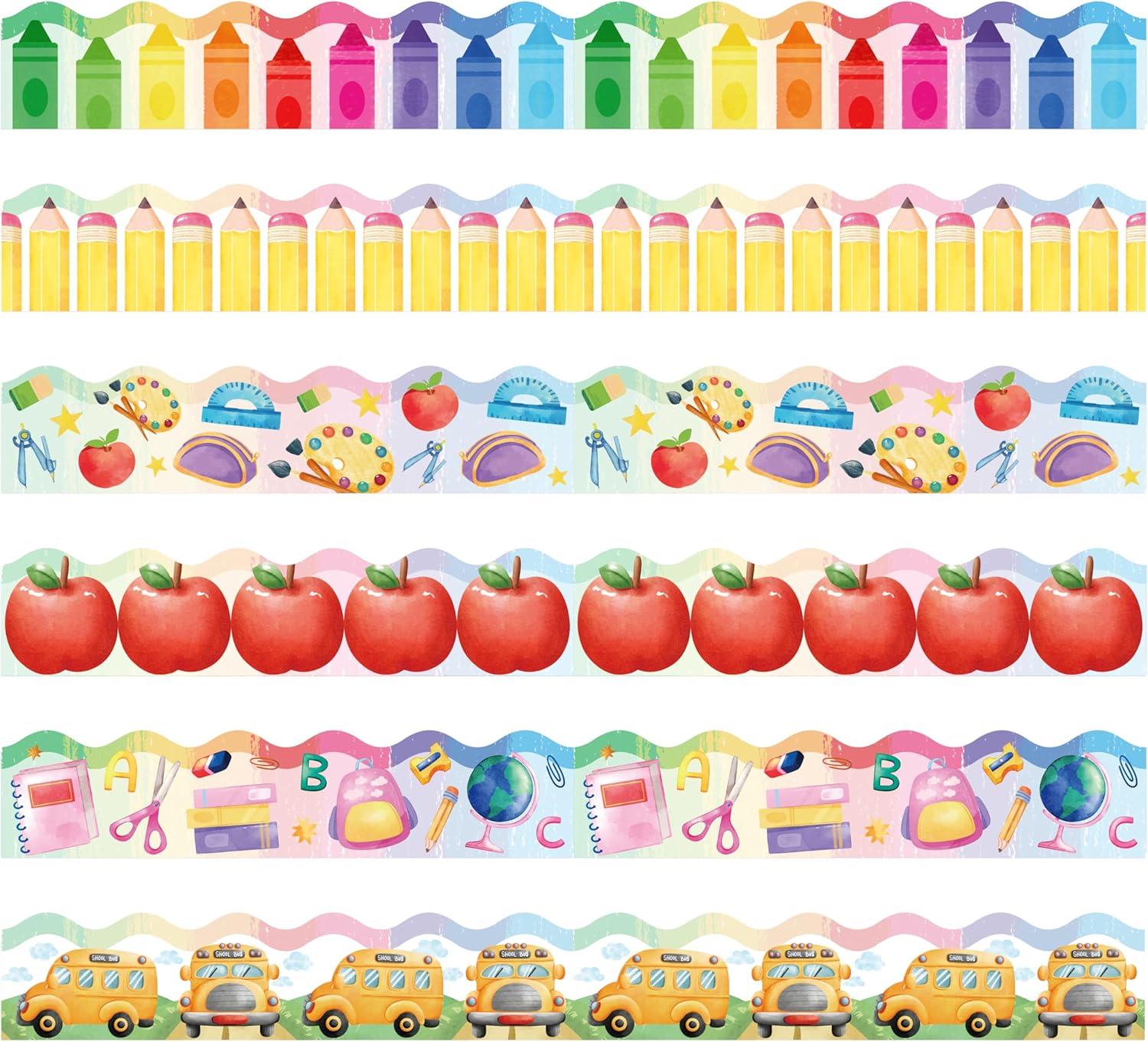 BeYumi Watercolor Stationery Border Trim - 96Pcs Watercolor Back to School Bulletin Board Borders Crayon Pencil Stationery Apple School Bus Preschool Kindergarten Elementary Home Chalkboard Decoration