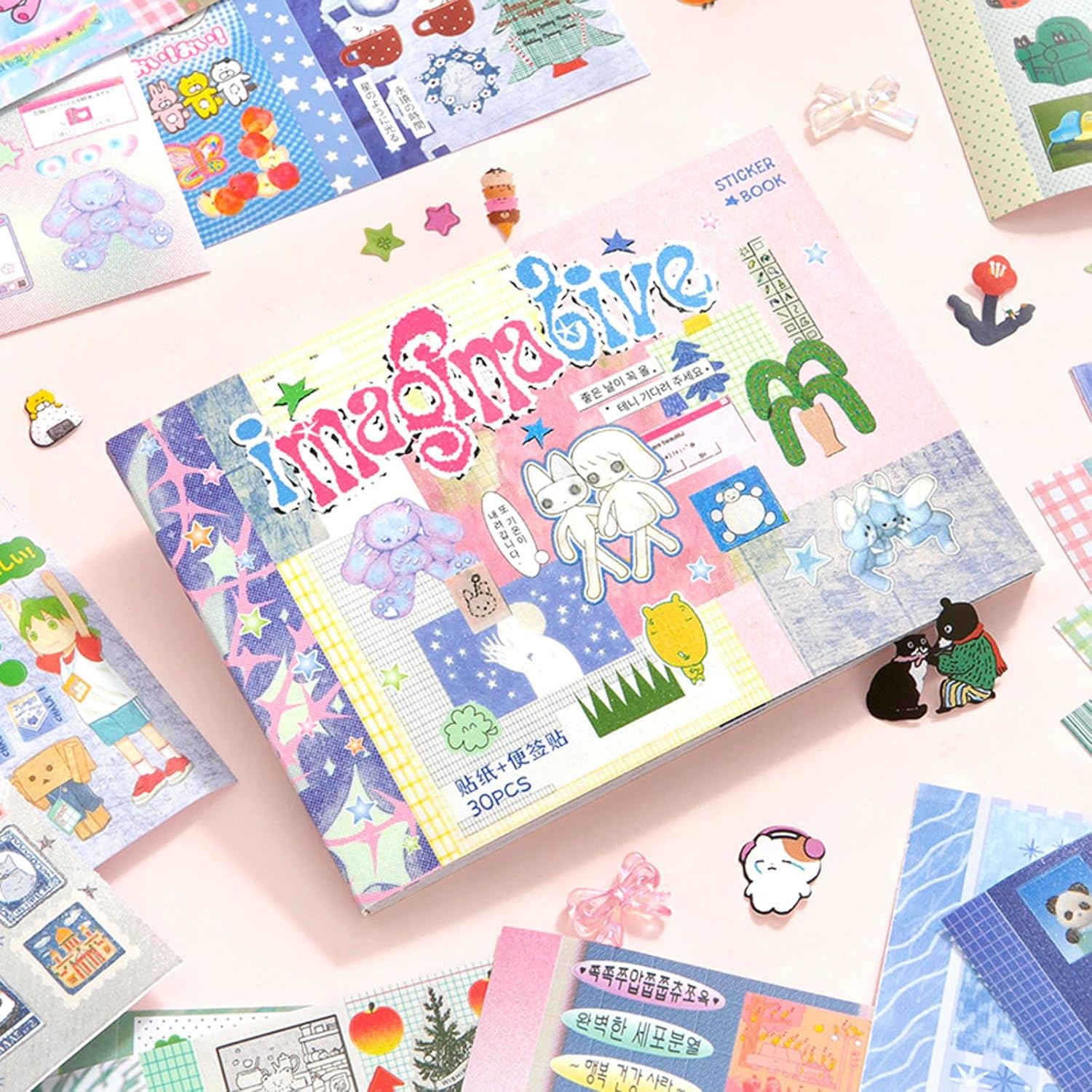 ZHIJIANHZ Japanese Manga Style Sticker Book with 30 Sheets of Glitter Sand, Matte Film and Writable Note Stickers for DIY Scrapbooking Journaling(Imagina Give)