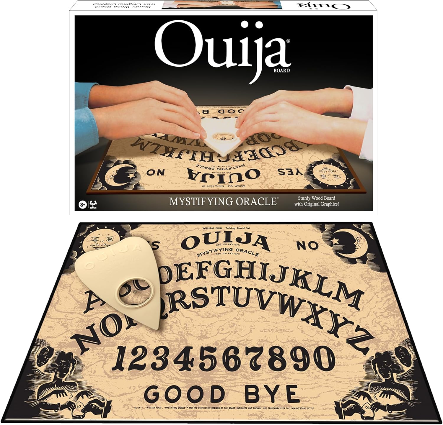 Classic Ouija with 1990s Artwork by Winning Moves Games, Thick Wood Premium Quality Talking Spirit Board, for 2 or More Players, Ages 8 and Up (1175)
