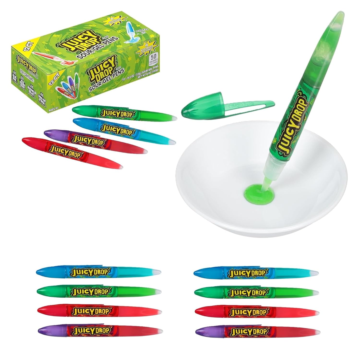 Juicy Drop Sour Candy Gel Pen, 12 Ct, Assorted Fruity Flavors