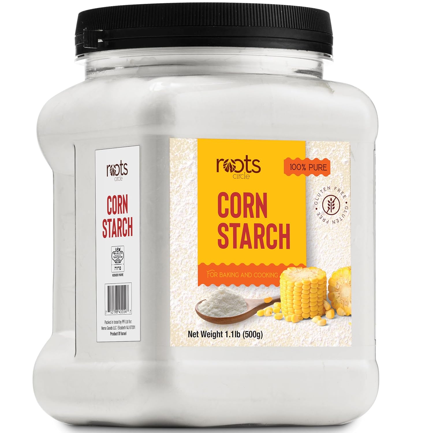Roots Circle 100% Pure Corn Starch |17.63oz Airtight Container | All Natural Thickener for Soups, Stews, Gravy, Baking Pies, Puddings & Cakes | Gluten-Free, Non-GMO, Vegan, Kosher, Food-Grade