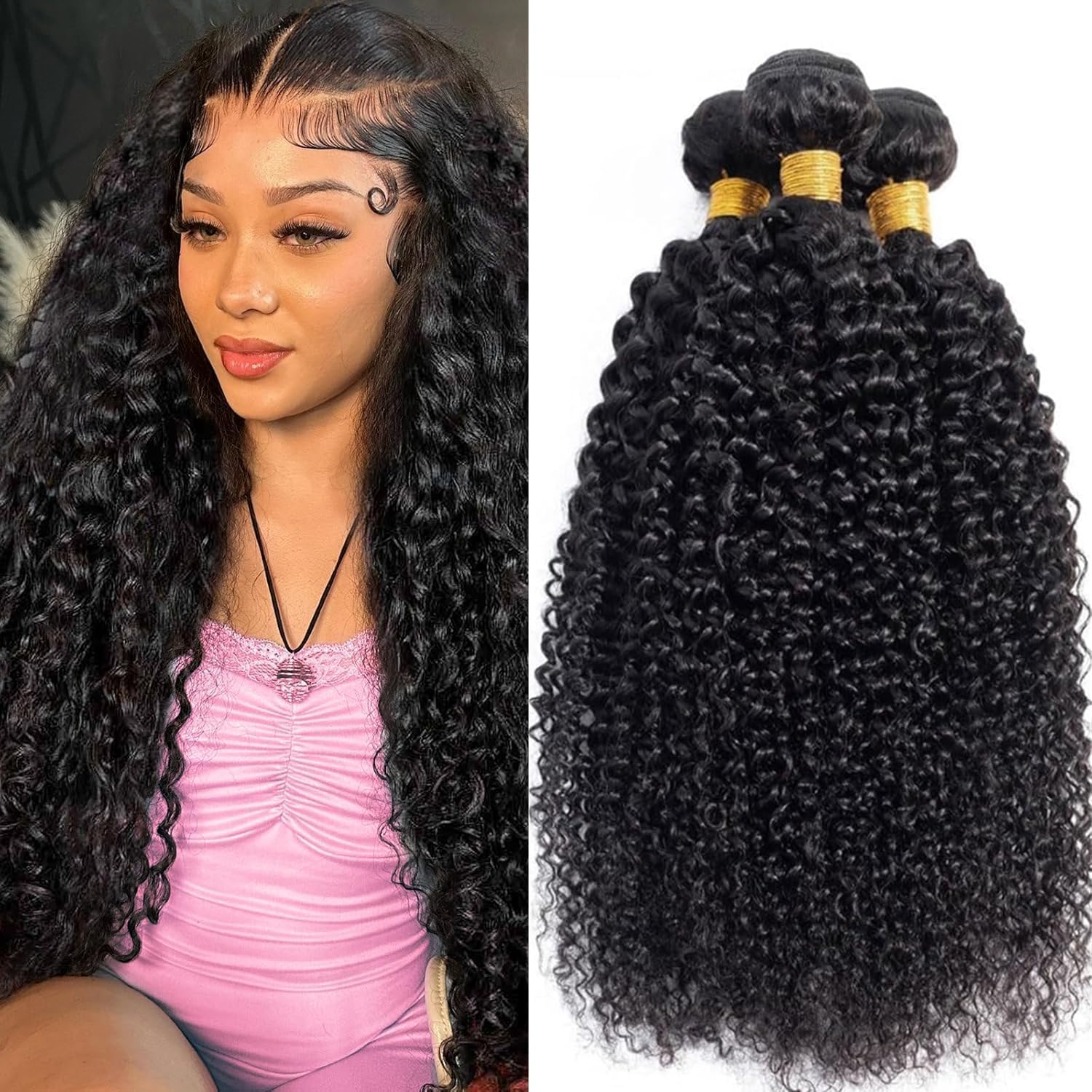 12A Kinky Curly Human Hair Bundles 16 18 20 Inch 100% Unprocessed Remy Curly Bundles Human Hair Soft And Thick Can Be Dyed 3 Bundles Natural Black Color Total 300g