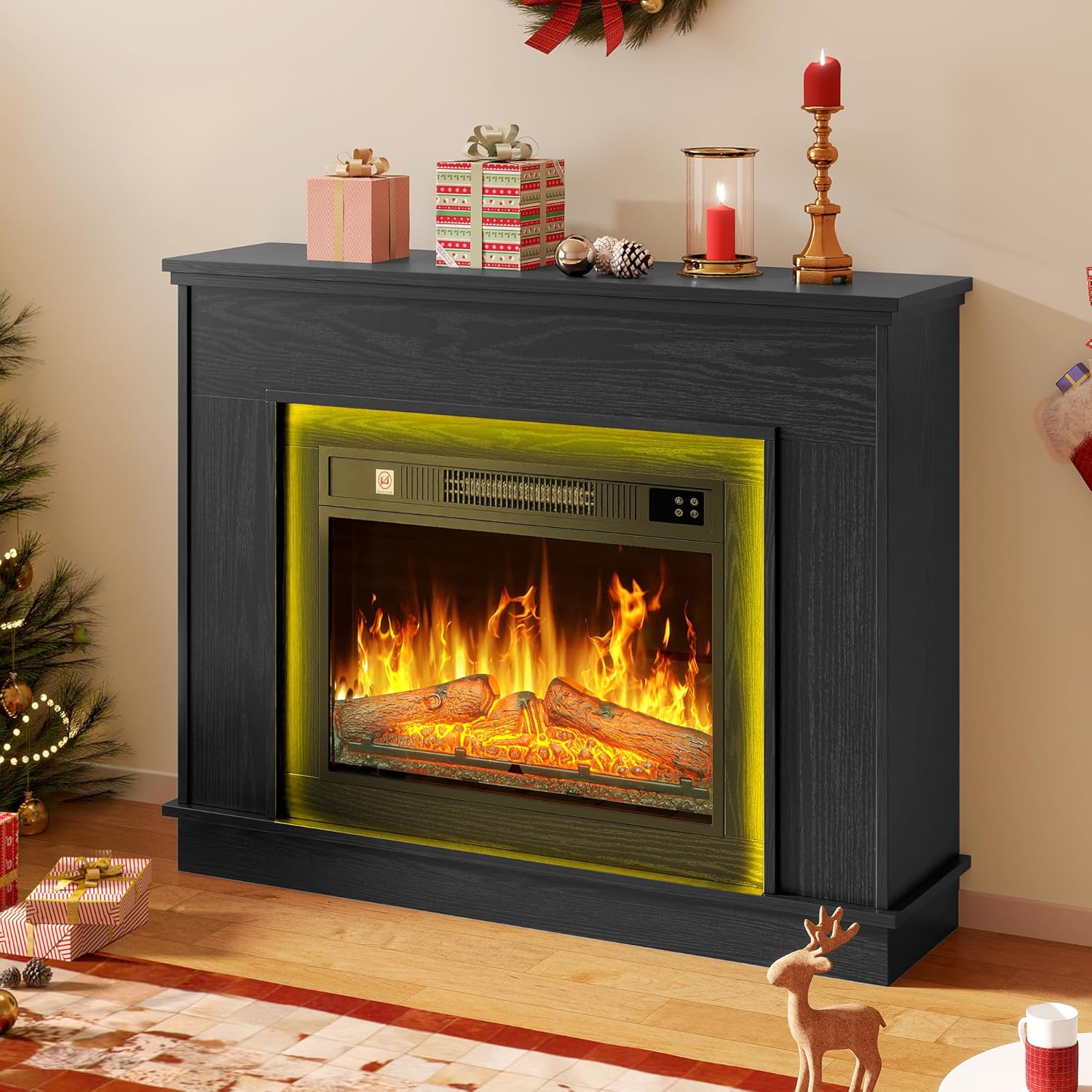 DWVO Electric Fireplace, Electric Fire and Surround Suite 39" and Realistic Flame Effect Fire, FirePlaces Reach up to 30㎡ Space with Programmable Timer and LED Light Strip, 100x26x80.5CM