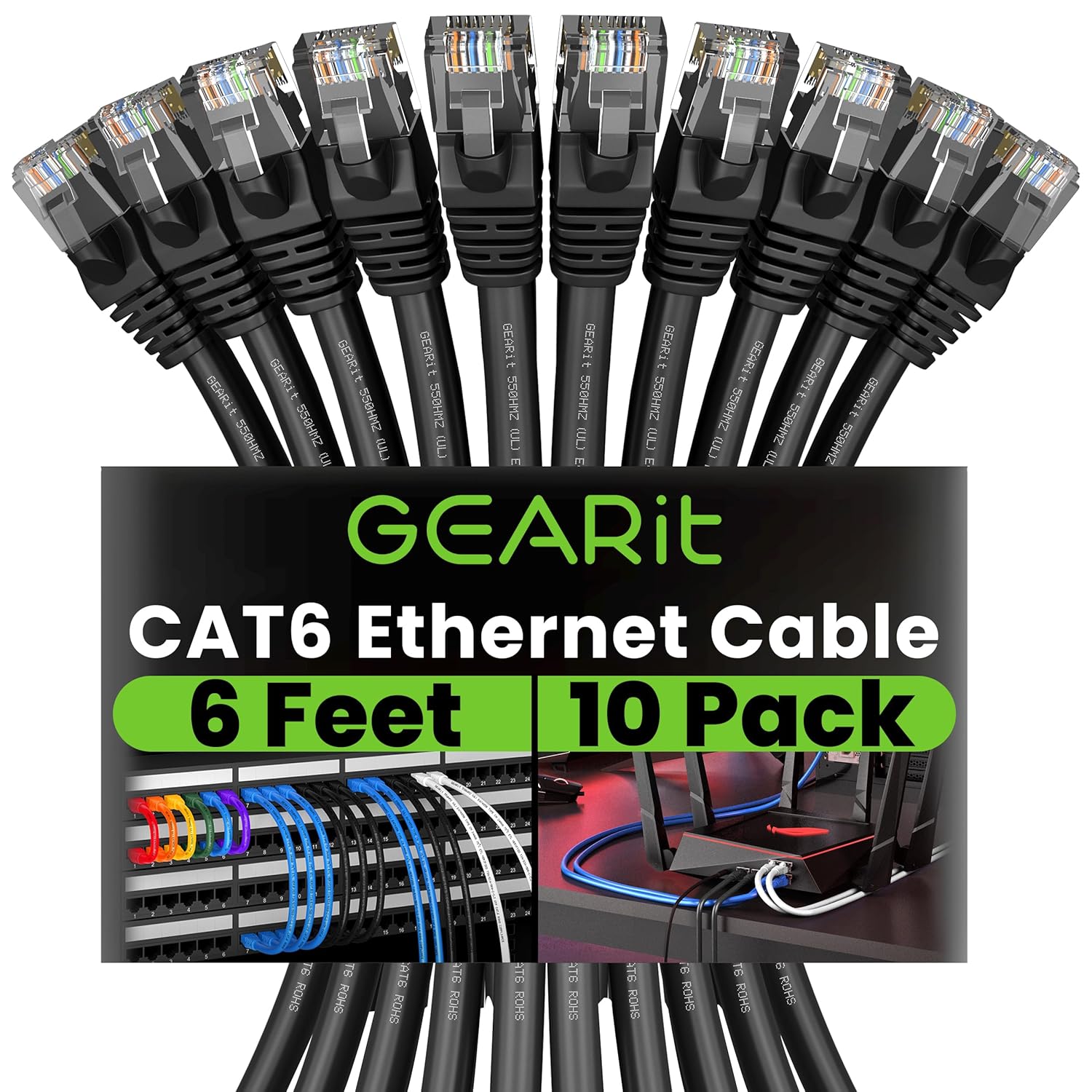 GearIT 6 Foot Cat 6 Ethernet Cable, for PC, Router, Cat6 Patch Cable, 10 Gbps, Cat 6 Patch Cable, High Speed, Cat6 Cable, High Speed, Cat 6 Cable, Cable, Cat6 Ethernet Cable, 6 Feet, Black (10 Pack)