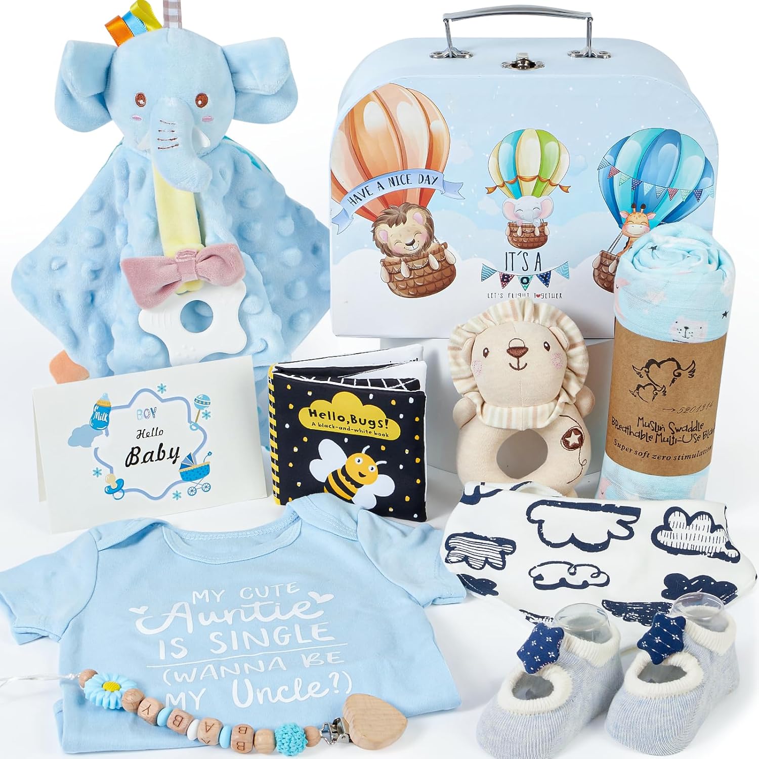 Golray 9pcs Baby Shower Gifts for Boys Newborn Kit from Untie, Blanket/Elephant Soothe/Rattle/Baby Book/Onesies/Bib/Sock/Pacifier Clip, Baby Essentials Stuff Gift for Newborn Boy Nephew Friend Newmom