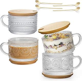 Vintage Coffee Mugs 4 pcs,Overnight Oats Containers with Lids and Spoon 14 oz-DWTS Glass Cups with Lids,Cute Coffee Bar Accessories and Kitchen Gifts