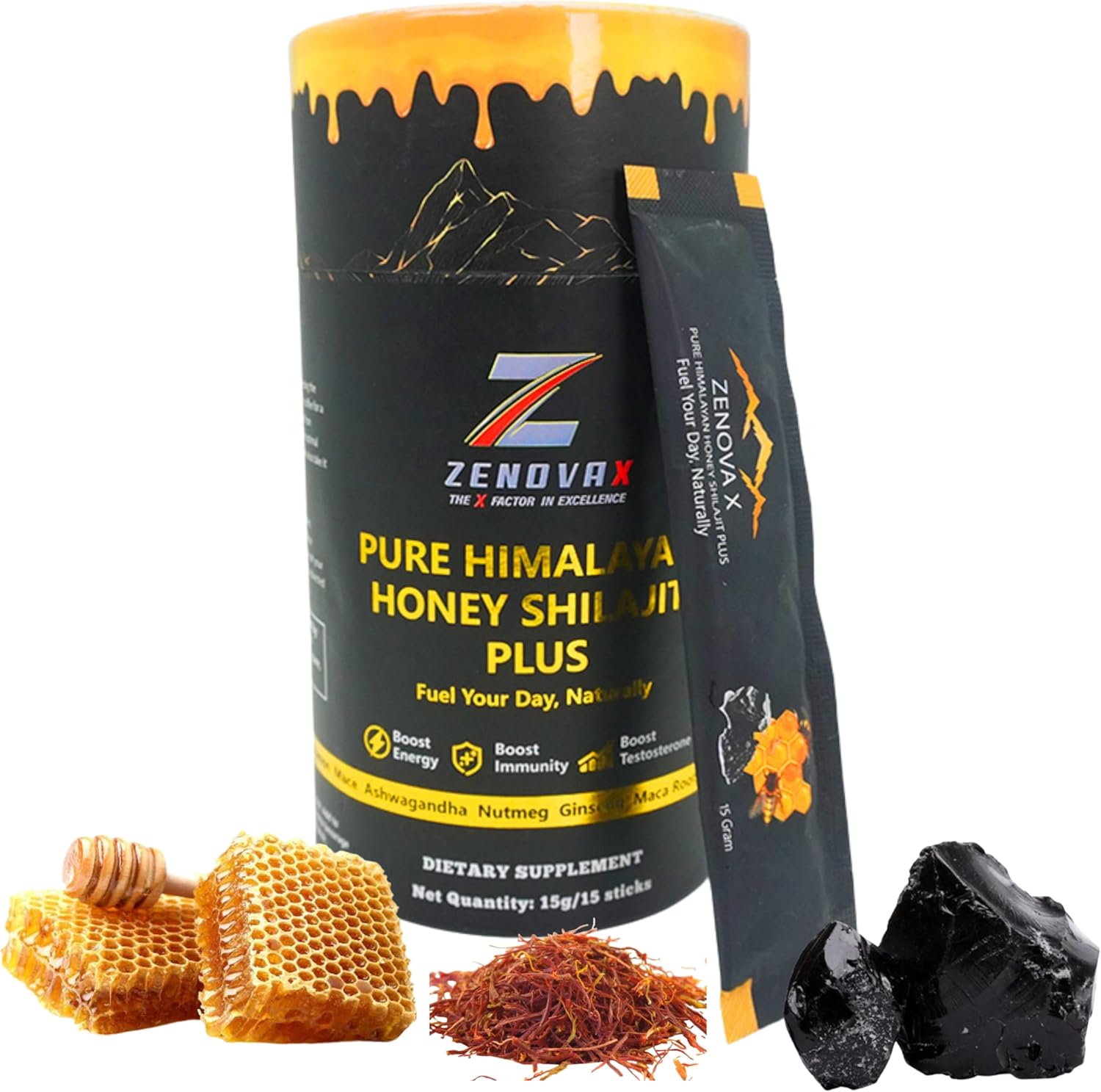 ZENOVA X Himalayan Shilajit Honey Plus with Ashwagandha, Saffron, Ginseng | Gold Grade 100% Pure Honey and Shilajit | 15 Sticks for Energy Boost & Immune Support, 85+ Trace Minerals, 75%+ Fulvic Acid